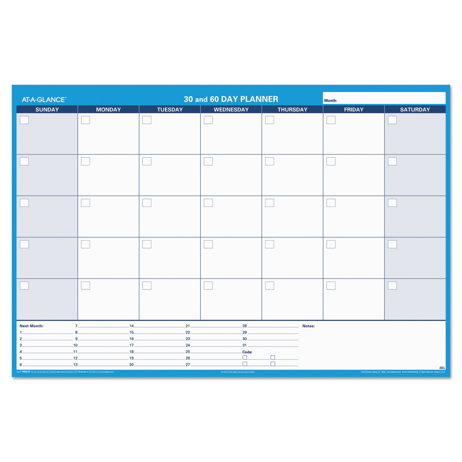 30/60-Day Undated Horizontal Erasable Wall Planner, 48 x 32, White/Blue Sheets, Undated - 2