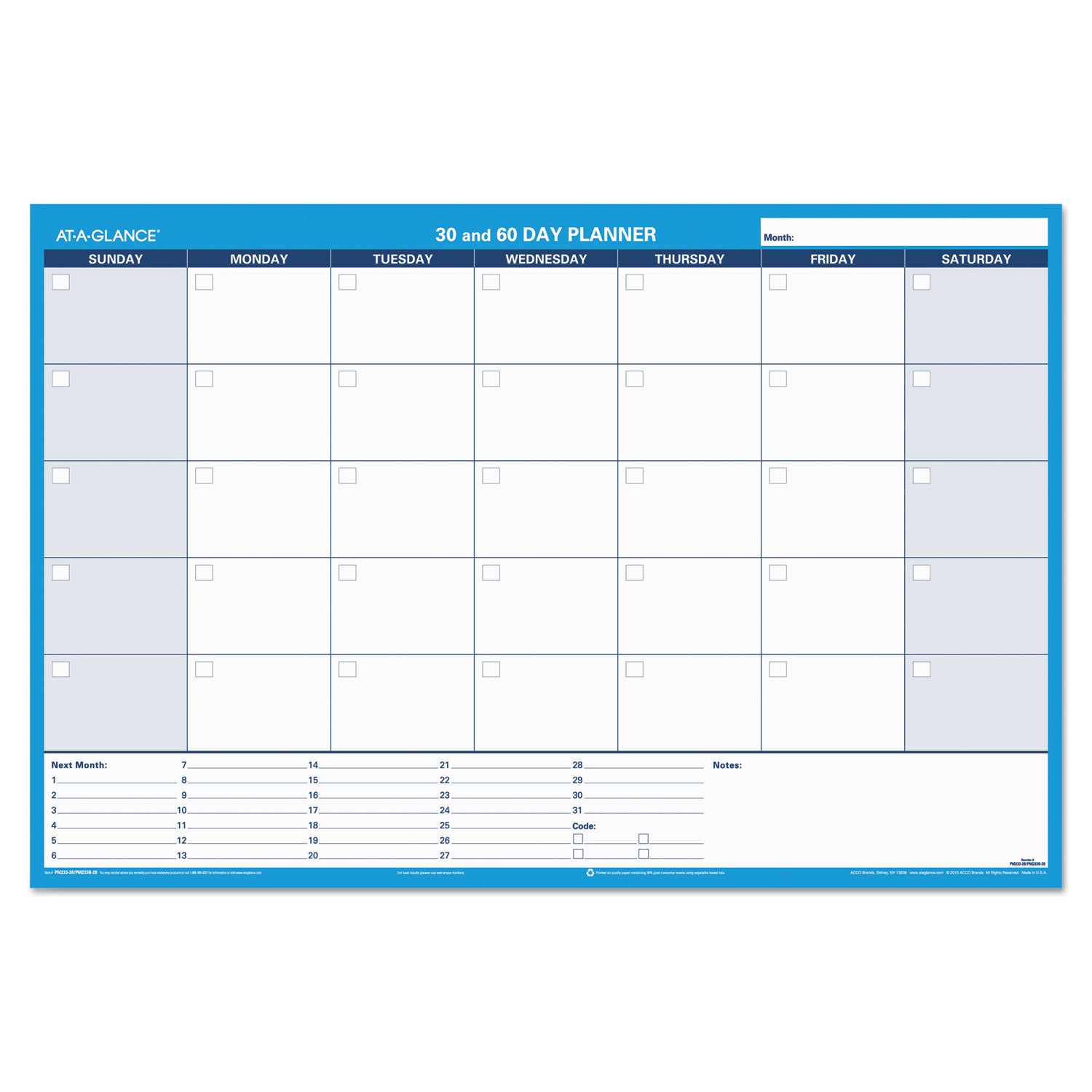 30/60-Day Undated Horizontal Erasable Wall Planner, 36 x 24, White/Blue Sheets, Undated - 