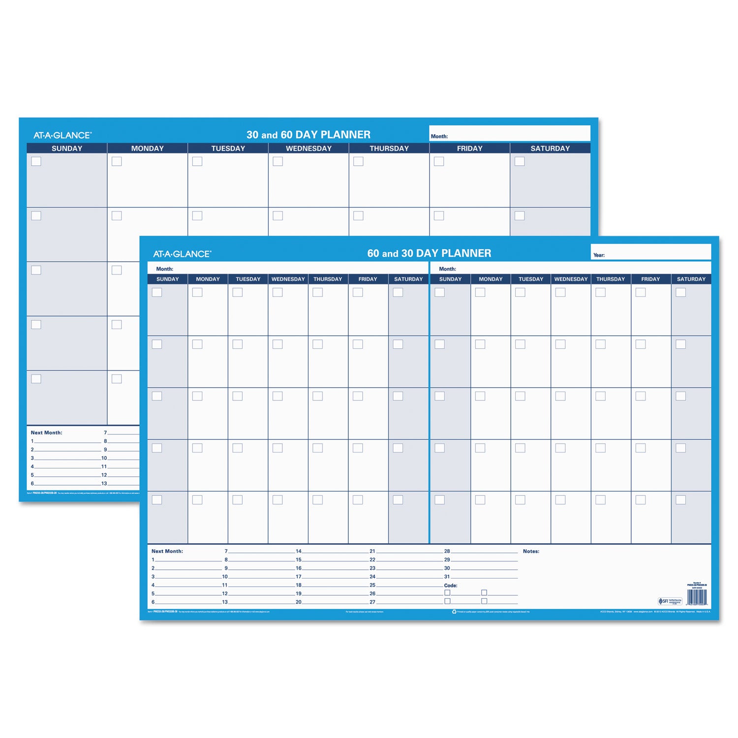 30/60-Day Undated Horizontal Erasable Wall Planner, 36 x 24, White/Blue Sheets, Undated - 