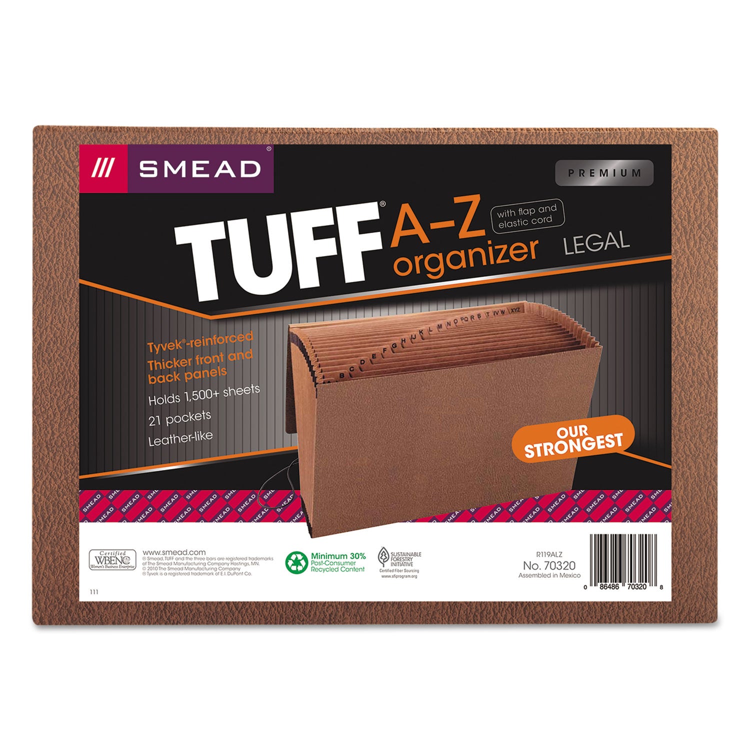 TUFF Expanding Wallet, 21 Sections, Elastic Cord Closure, 1/21-Cut Tabs, Legal Size, Redrope - 