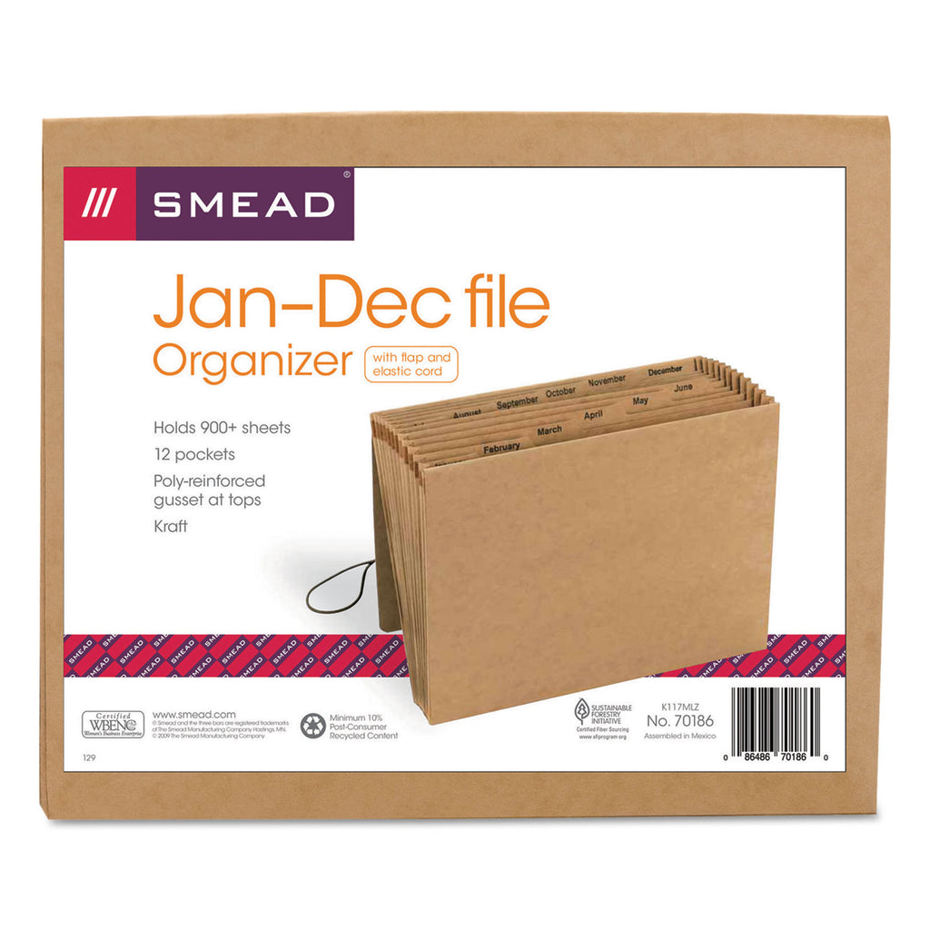 Indexed Expanding Kraft Files, 12 Sections, Elastic Cord Closure, 1/12-Cut Tabs, Letter Size, Kraft - 