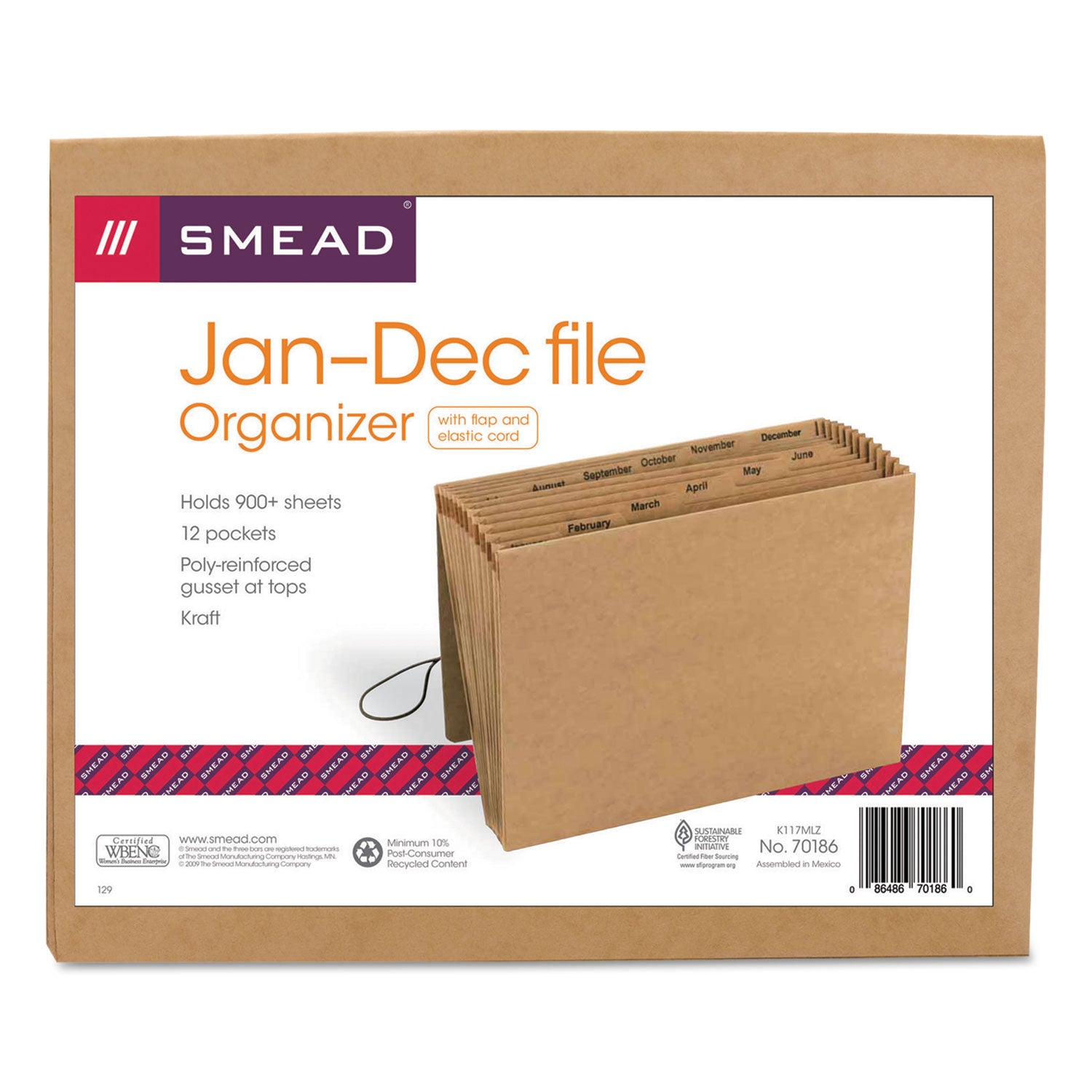 Indexed Expanding Kraft Files, 12 Sections, Elastic Cord Closure, 1/12-Cut Tabs, Letter Size, Kraft - 