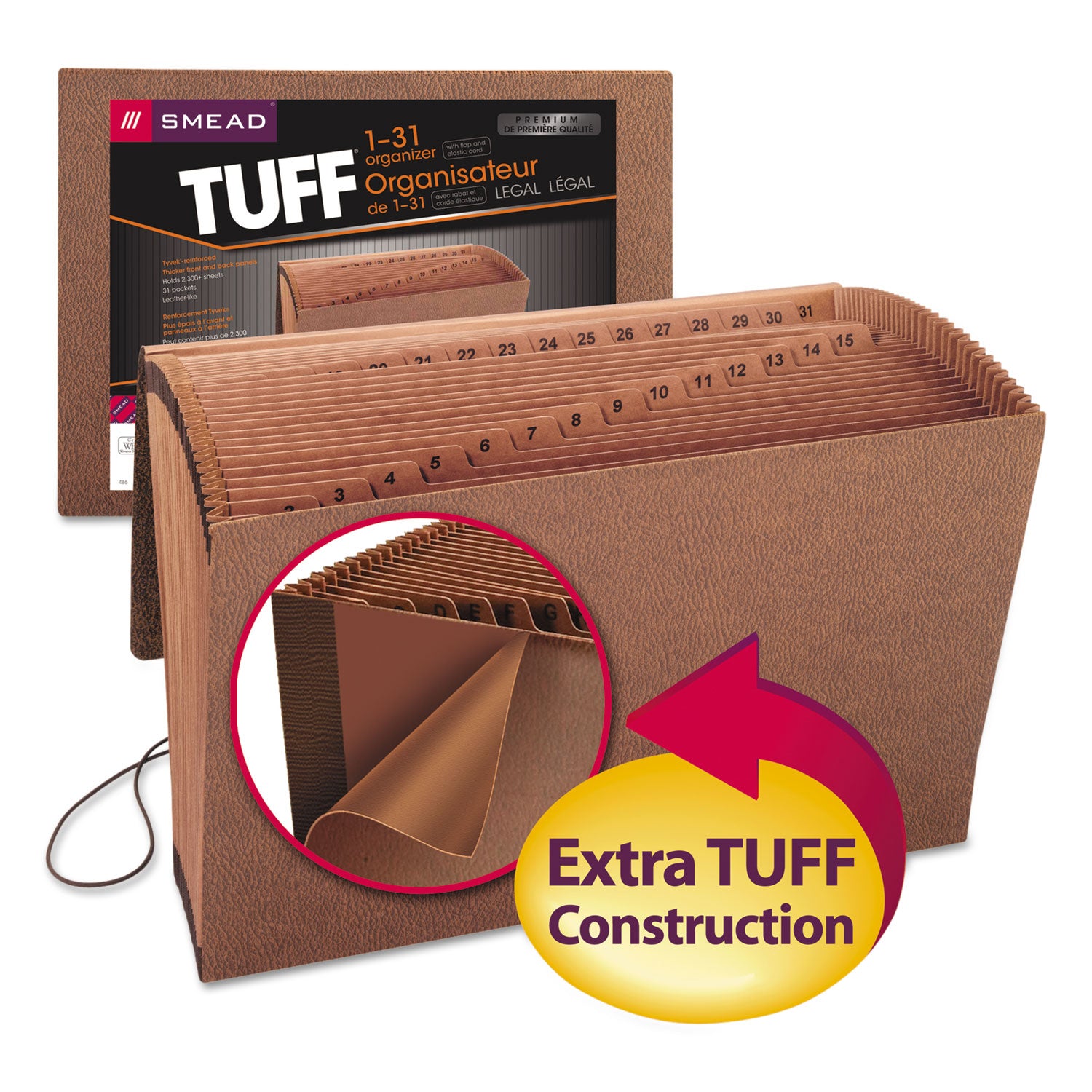 TUFF Expanding Wallet, 31 Sections, Elastic Cord Closure, 1/15-Cut Tabs, Legal Size, Redrope - 
