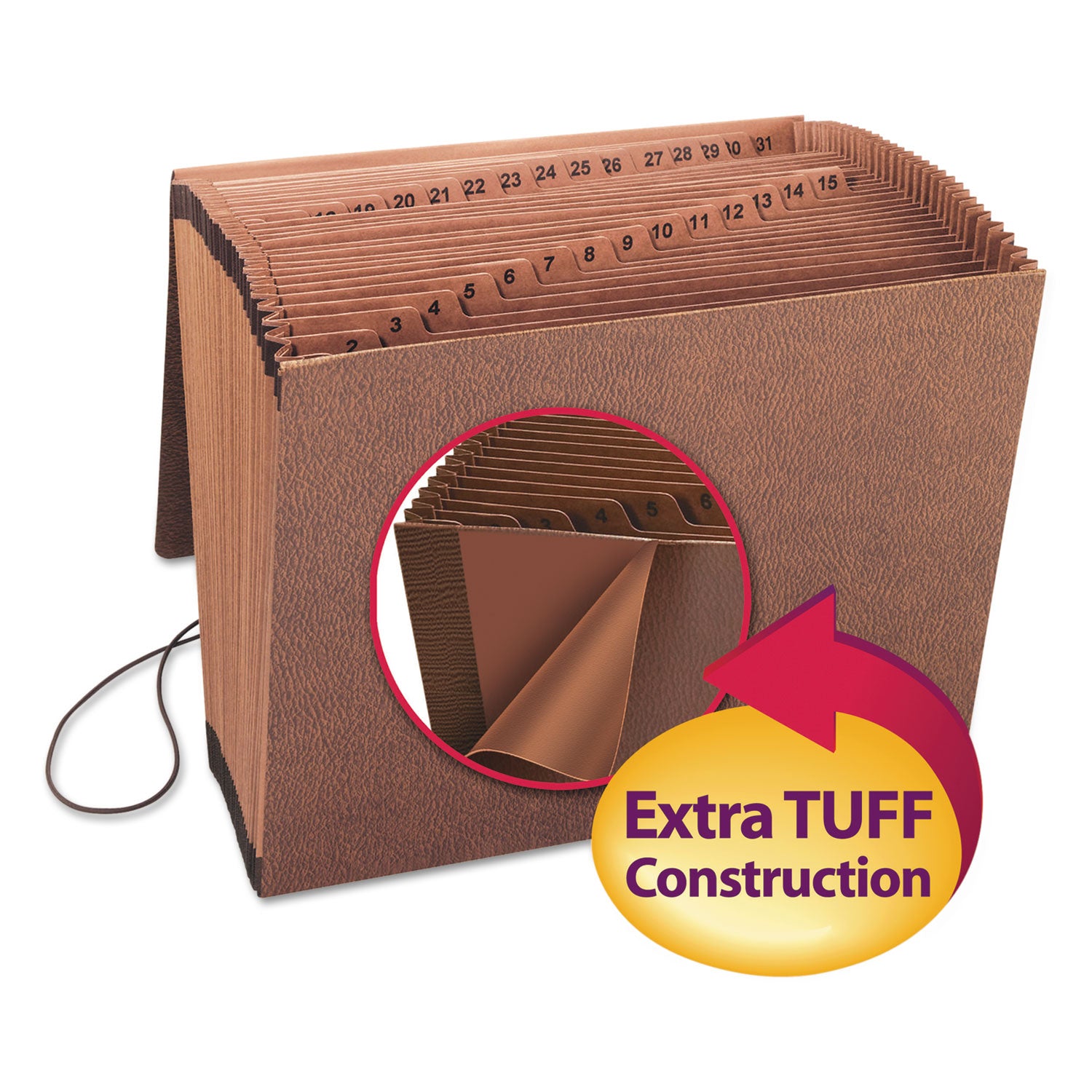 TUFF Expanding Wallet, 31 Sections, Elastic Cord Closure, 1/15-Cut Tabs, Letter Size, Redrope - 