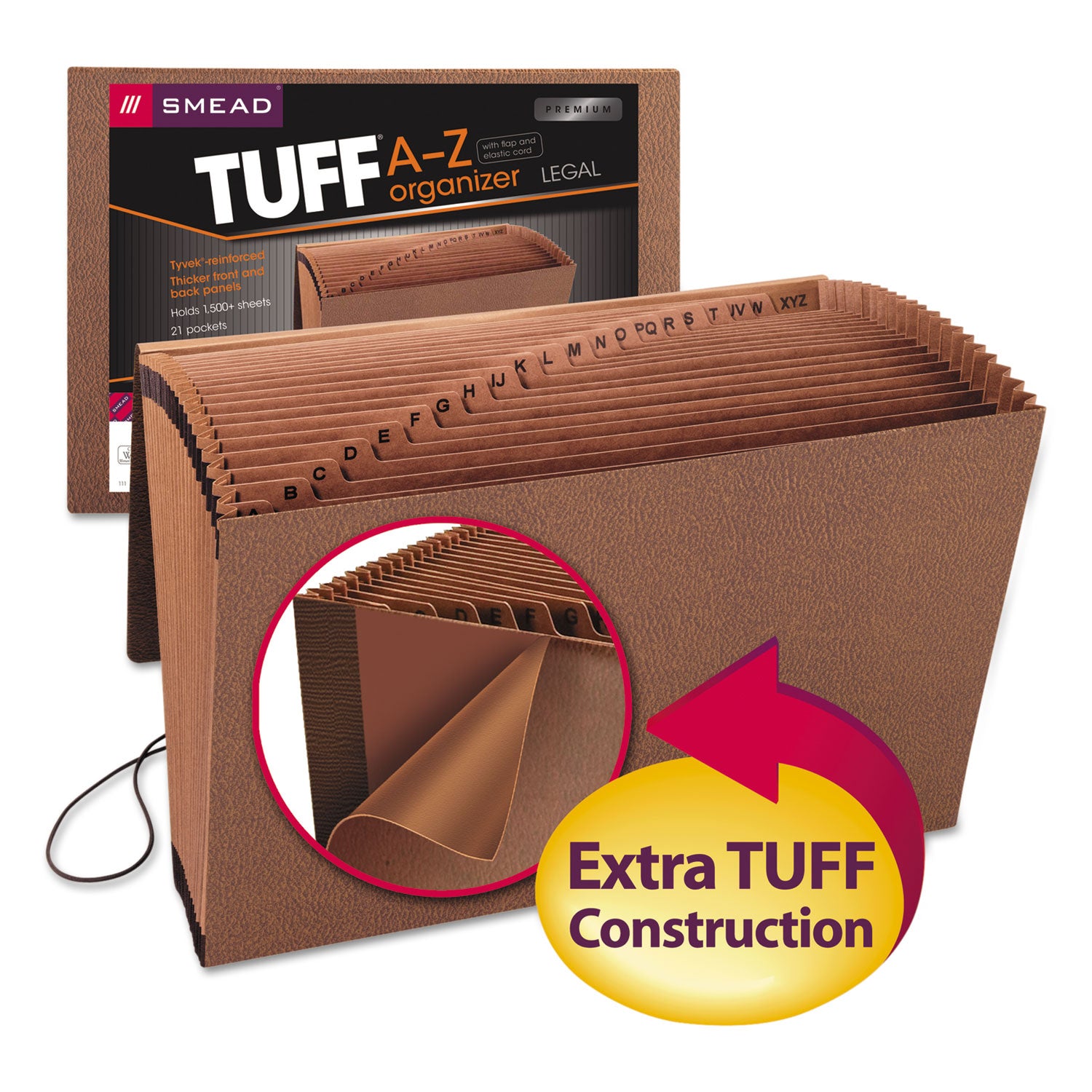 TUFF Expanding Wallet, 21 Sections, Elastic Cord Closure, 1/21-Cut Tabs, Legal Size, Redrope - 