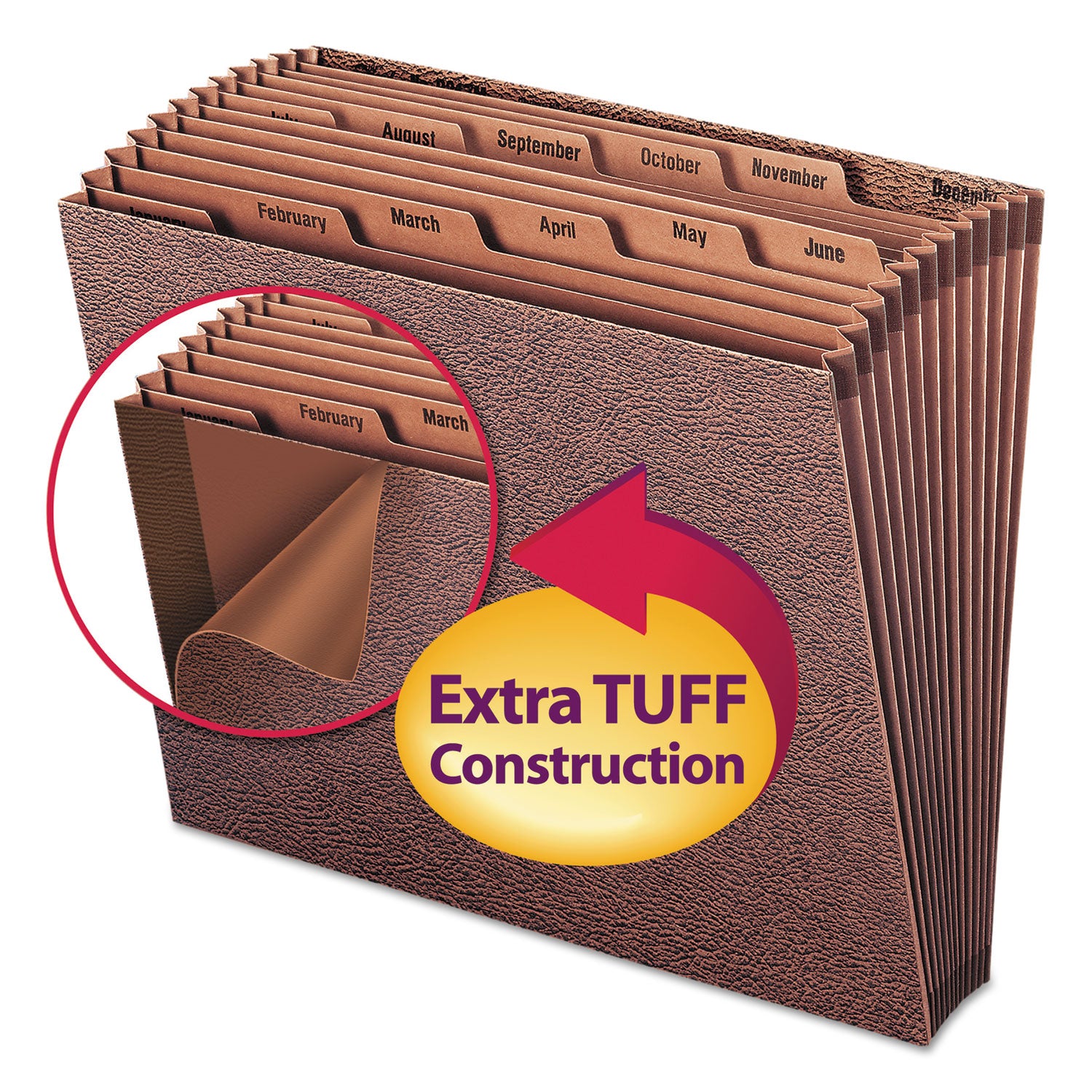 TUFF Expanding Open-Top Stadium File, 12 Sections, 1/12-Cut Tabs, Letter Size, Redrope - 