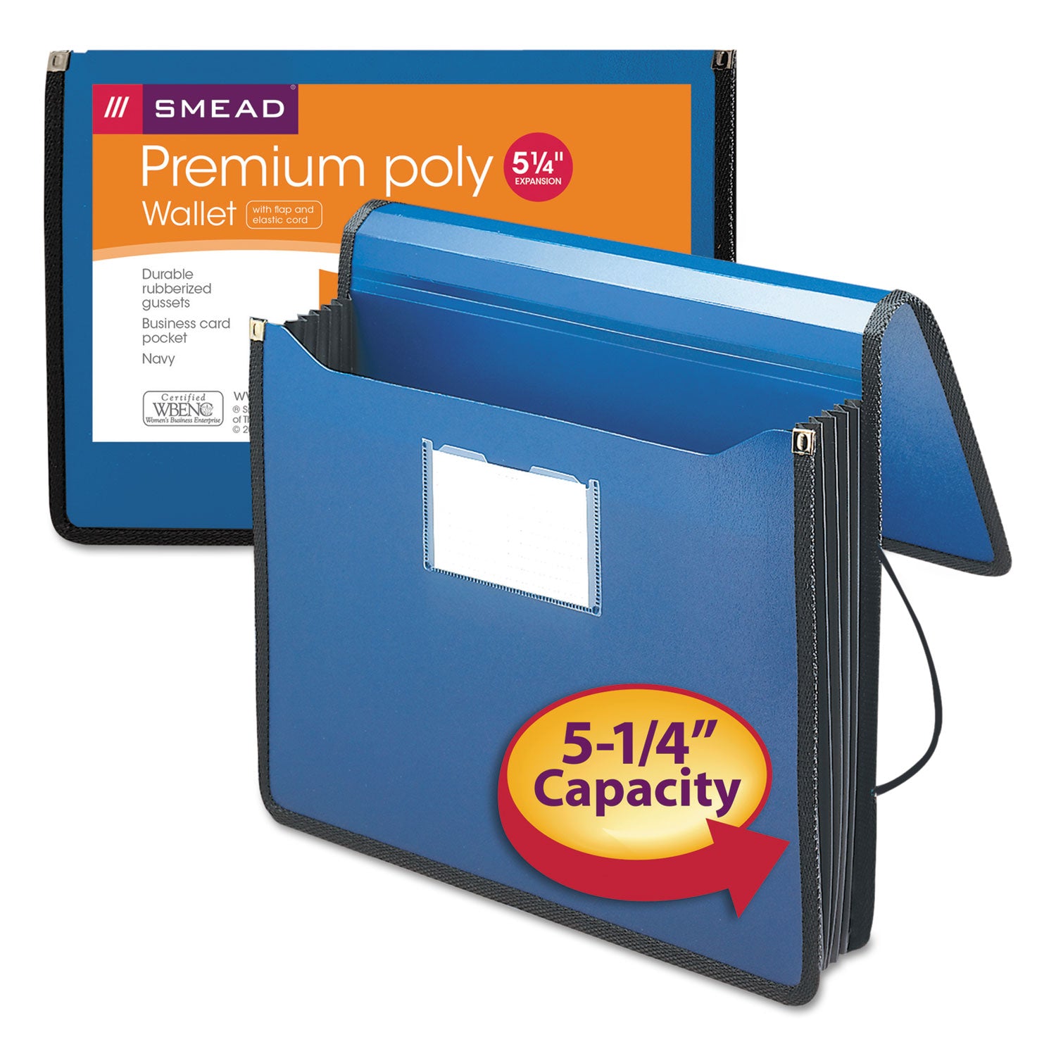 Poly Premium Wallets, 5.25" Expansion, 1 Section, Elastic Cord Closure, Letter Size, Navy Blue - 