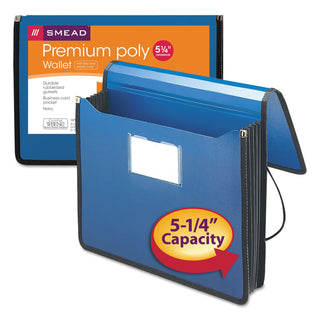 Poly Premium Wallets, 5.25" Expansion, 1 Section, Elastic Cord Closure, Letter Size, Navy Blue