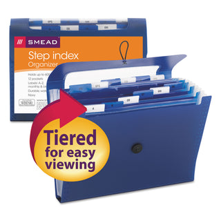Step Index Organizer, 12 Sections, Cord/Hook Closure, 1/6-Cut Tabs, Letter Size, Navy - 