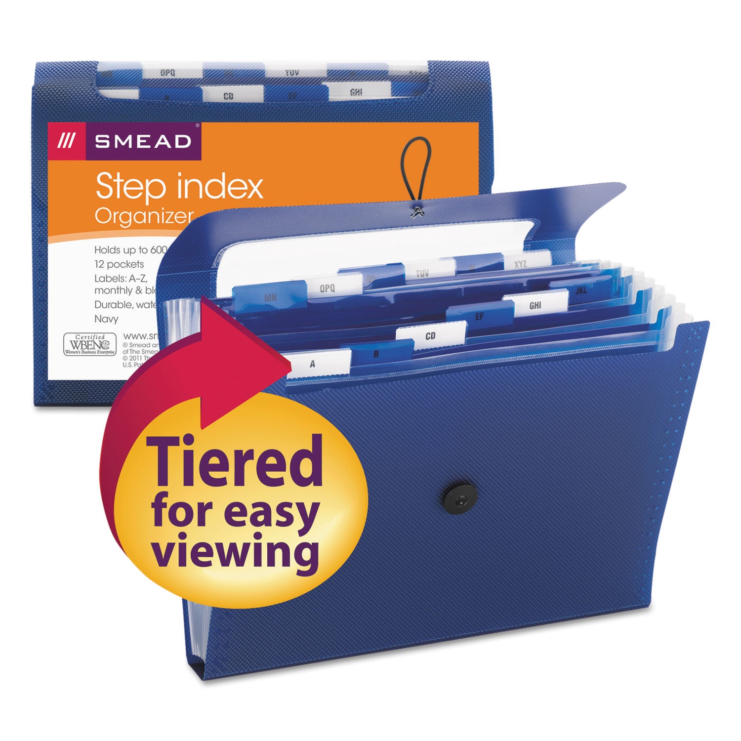 Step Index Organizer, 12 Sections, Cord/Hook Closure, 1/6-Cut Tabs, Letter Size, Navy