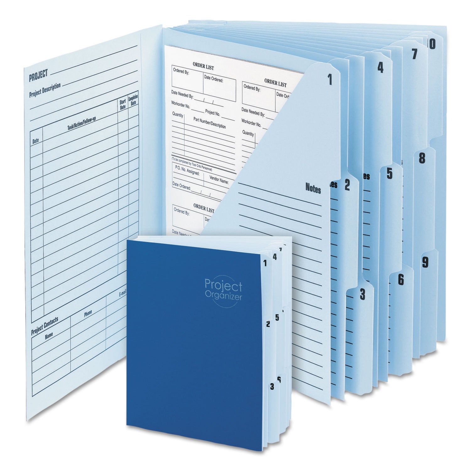 10-Pocket Project Organizer with Indexed Tabs (1-10), 10 Sections, Unpunched, 1/3-Cut Tabs, Letter Size, Lake Blue/Navy Blue - 