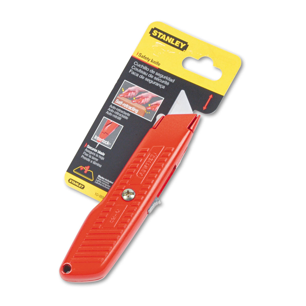 Interlock Safety Utility Knife with Self-Retracting Round Point Blade, 5.63" Metal Handle, Red Orange - 