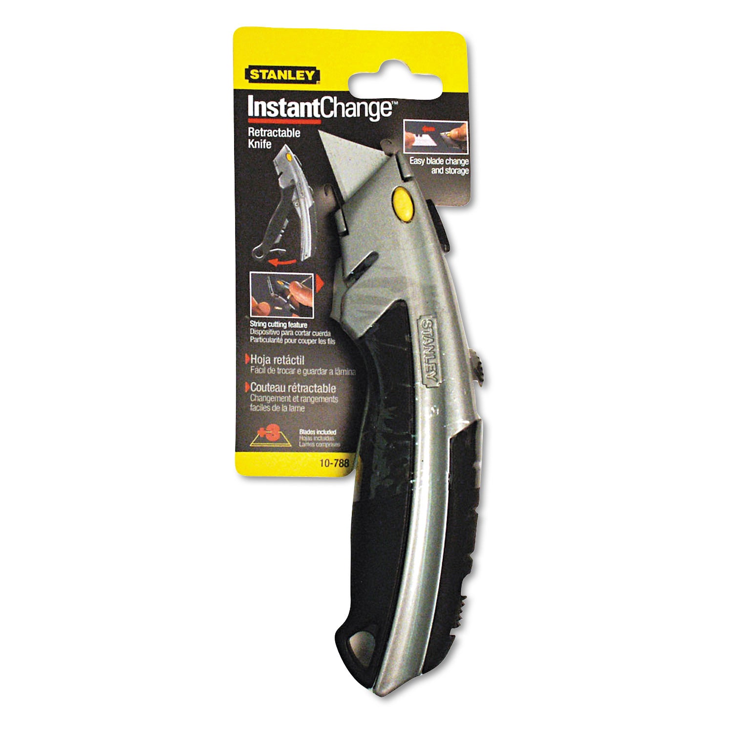 Curved Quick-Change Utility Knife, Stainless Steel Retractable Blade, 3 Blades, 6.5" Metal Handle, Black/Chrome - 