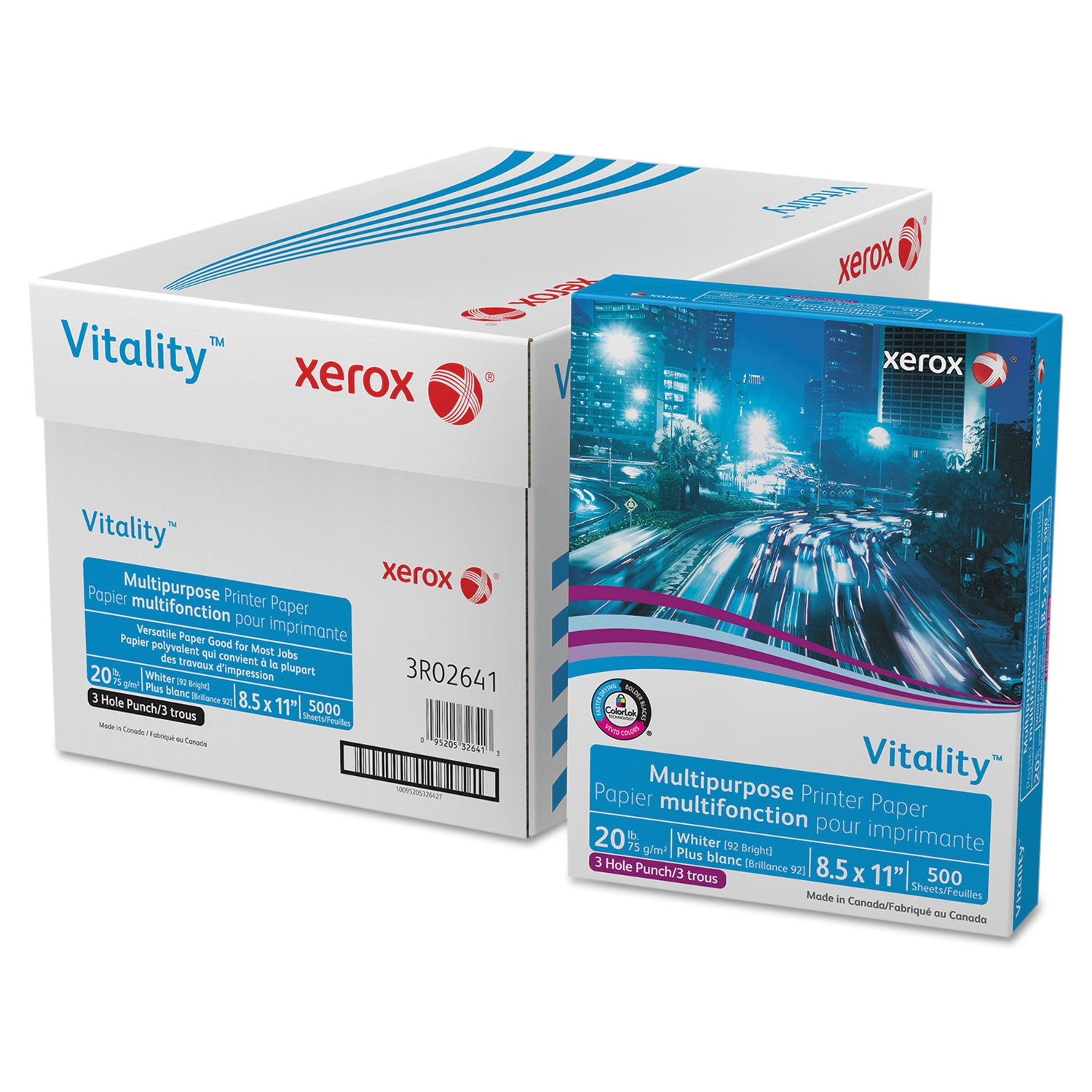 Vitality Multipurpose Print Paper, 92 Bright, 3-Hole, 20 lb Bond Weight, 8.5 x 11, 500 Sheets/Ream, 10 Reams/Carton - 1