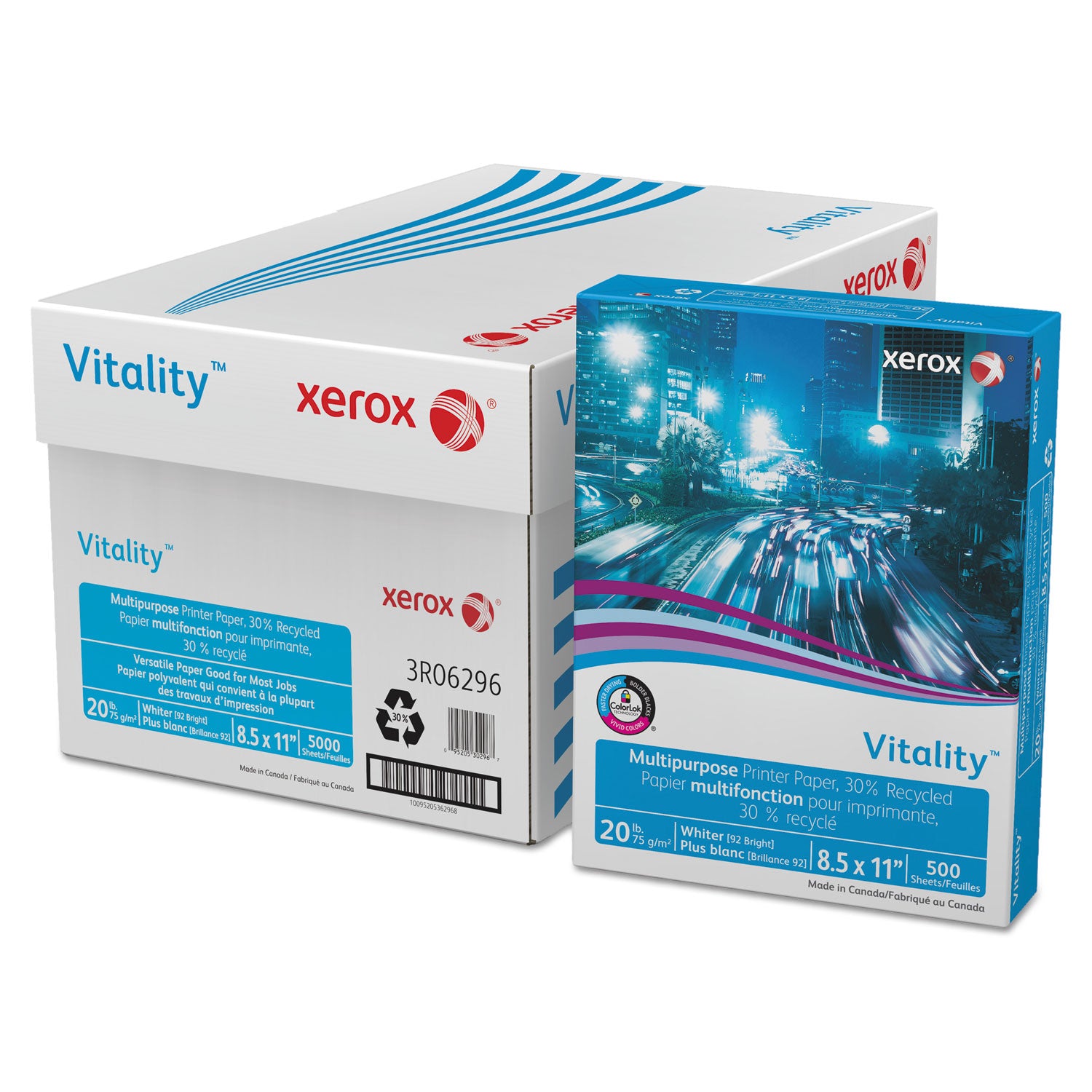 Vitality 30% Recycled Multipurpose Paper, 92 Bright, 20 lb Bond Weight, 8.5 x 11, White, 500/Ream - 1