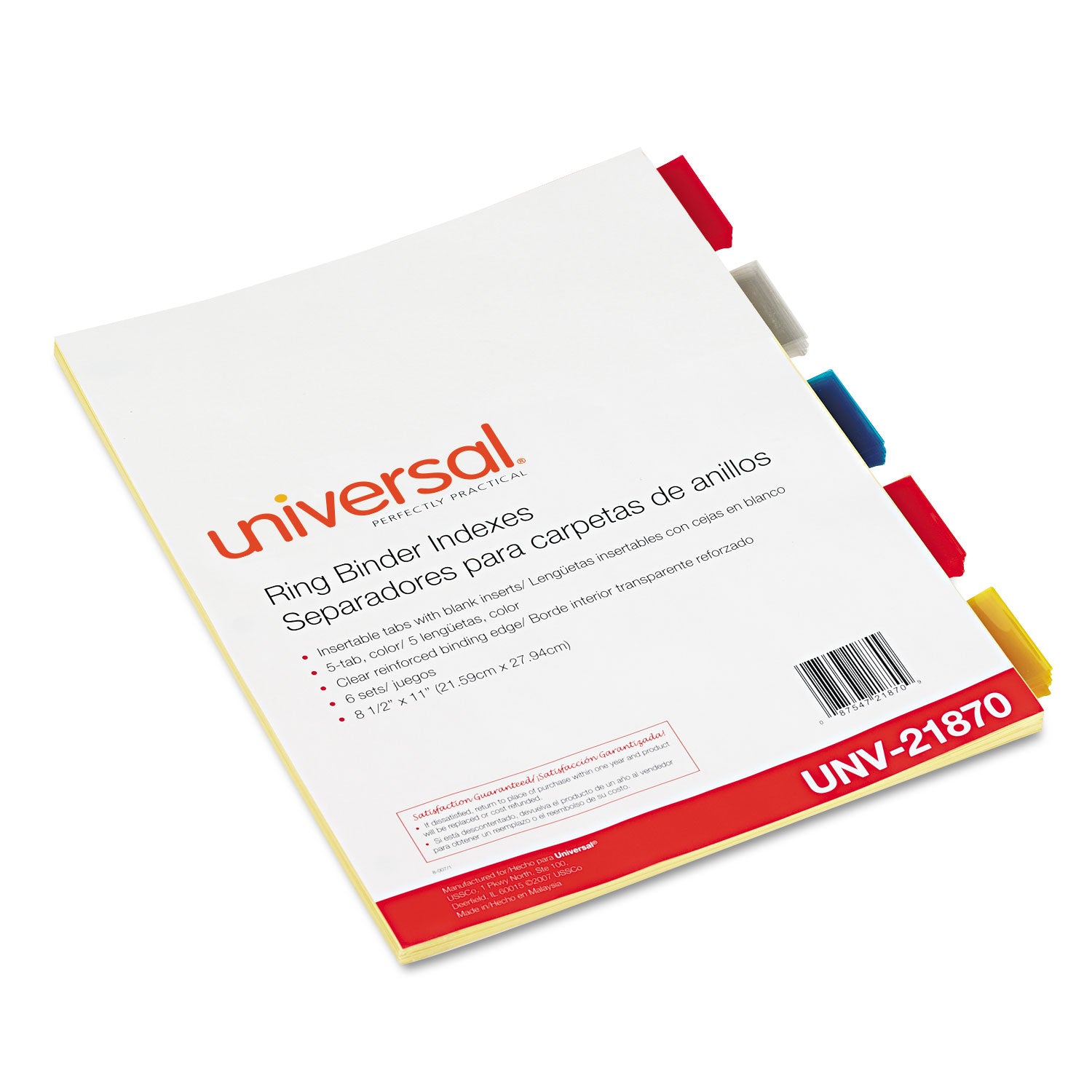 Insertable Tab Index, 5-Tab, 11 x 8.5, Buff, Assorted Tabs, 6 Sets - 