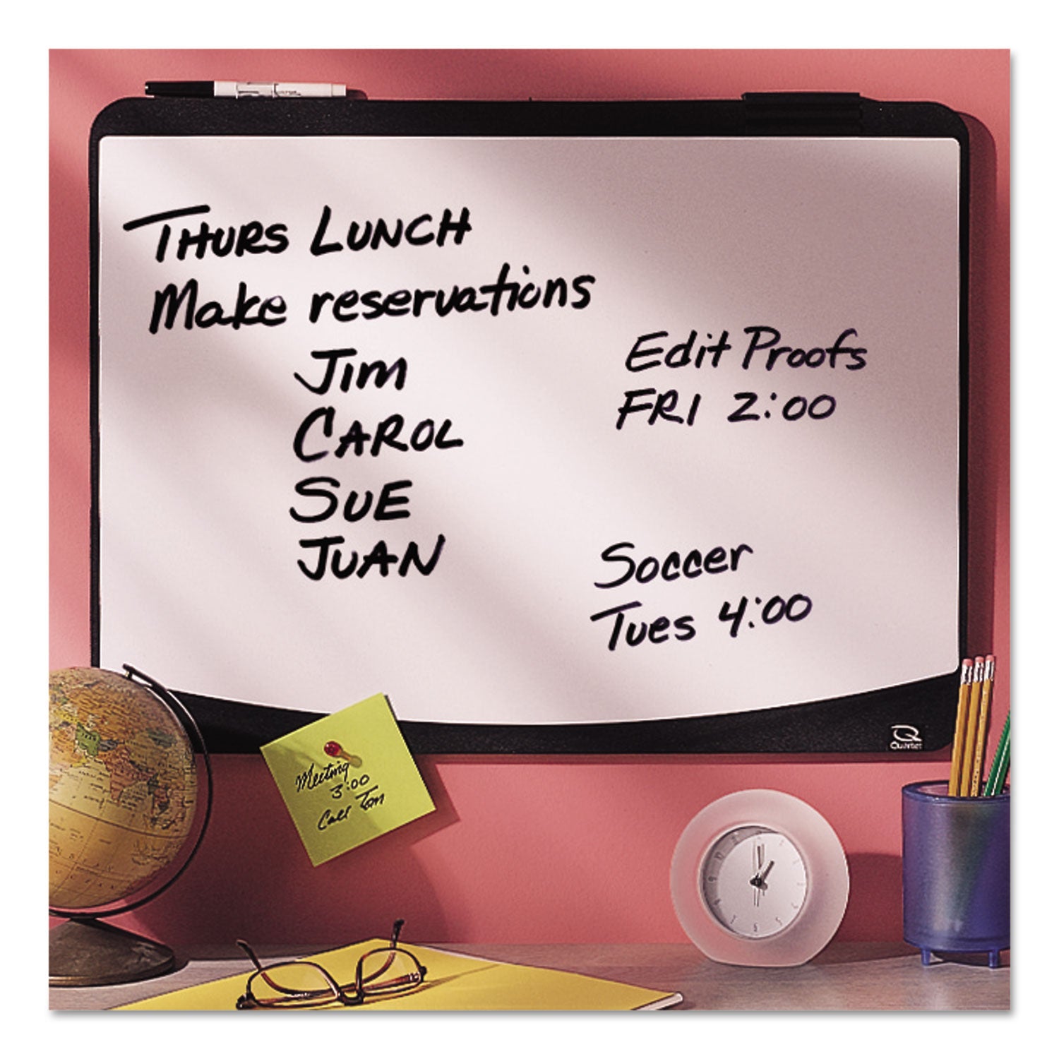 Tack and Write Board, 25.5 x 17.5, Black/White Surface, Black Plastic Frame - 