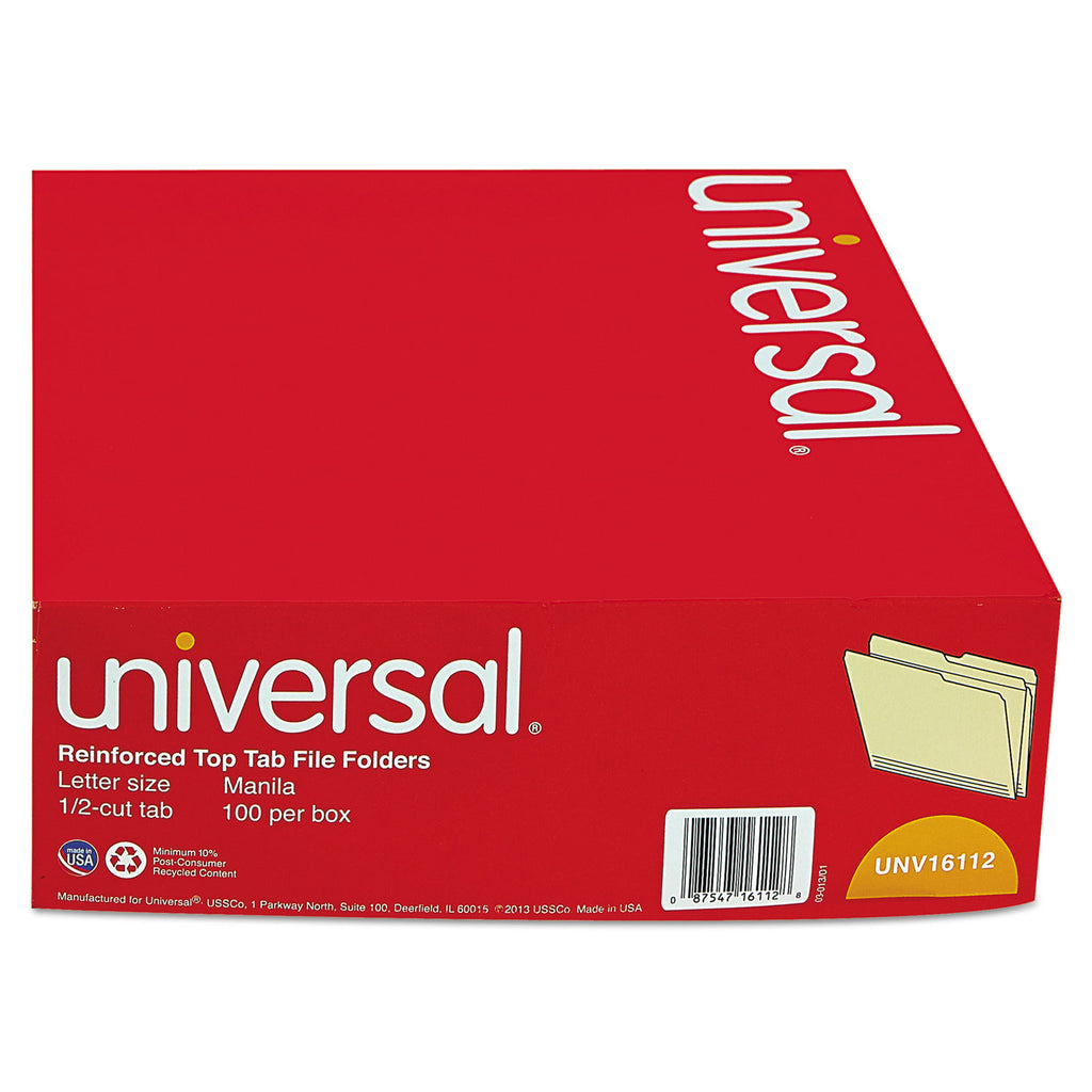 Double-Ply Top Tab Manila File Folders, 1/2-Cut Tabs: Assorted, Letter Size, 0.75" Expansion, Manila, 100/Box - 