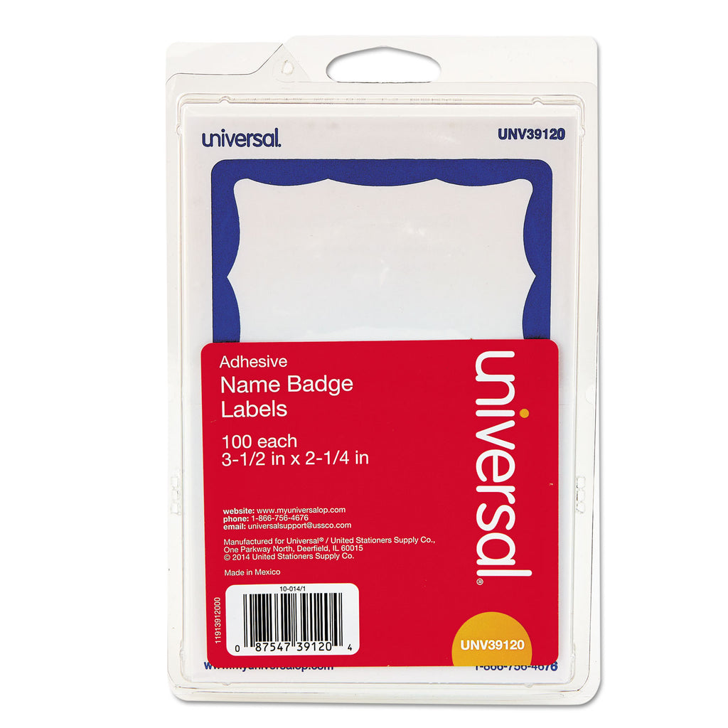 Border-Style Self-Adhesive Name Badges, 3 1/2 x 2 1/4, White/Blue, 100/Pack - 