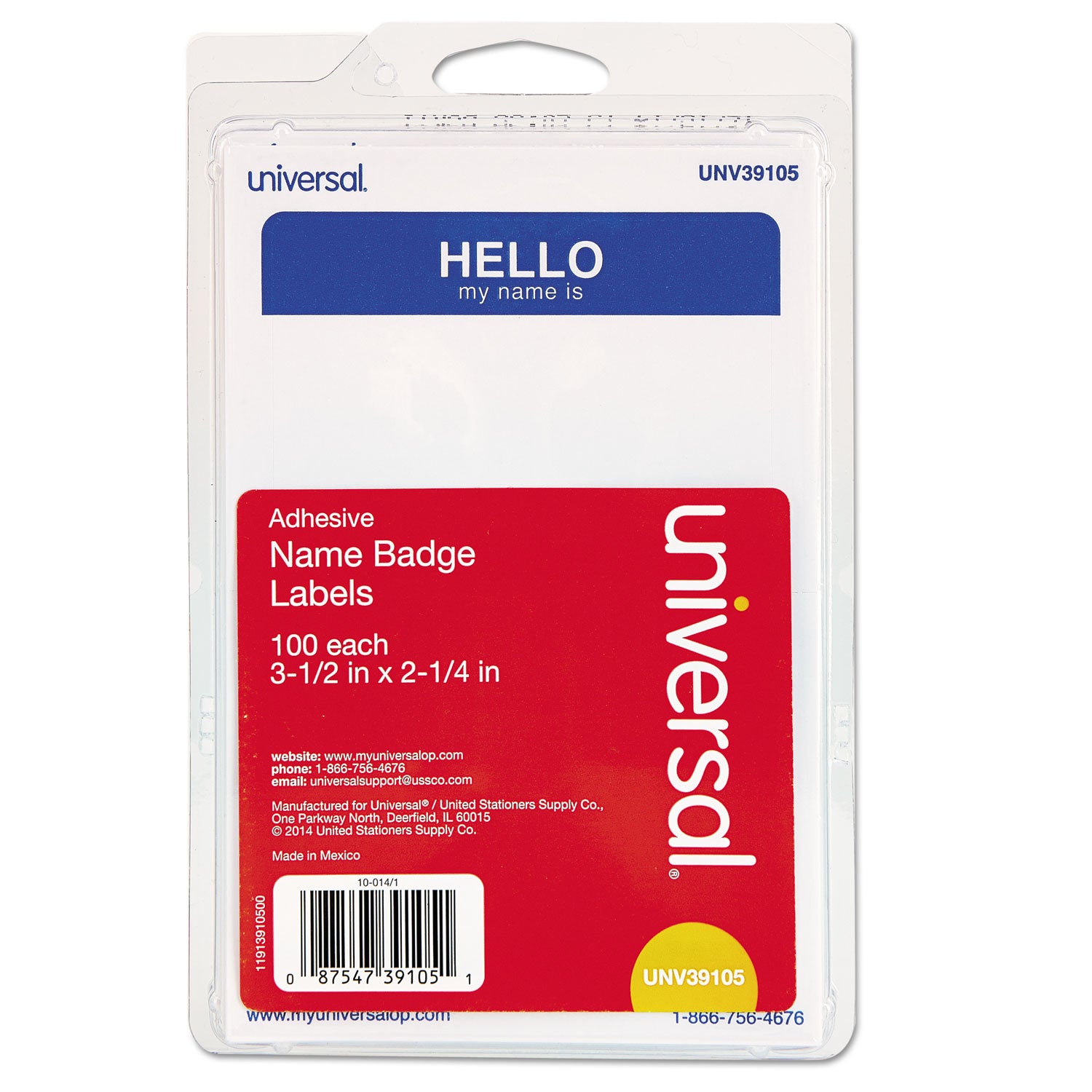 Hello Self-Adhesive Name Badges, 3.5 x 2.25, White/Blue, 100/Pack - 