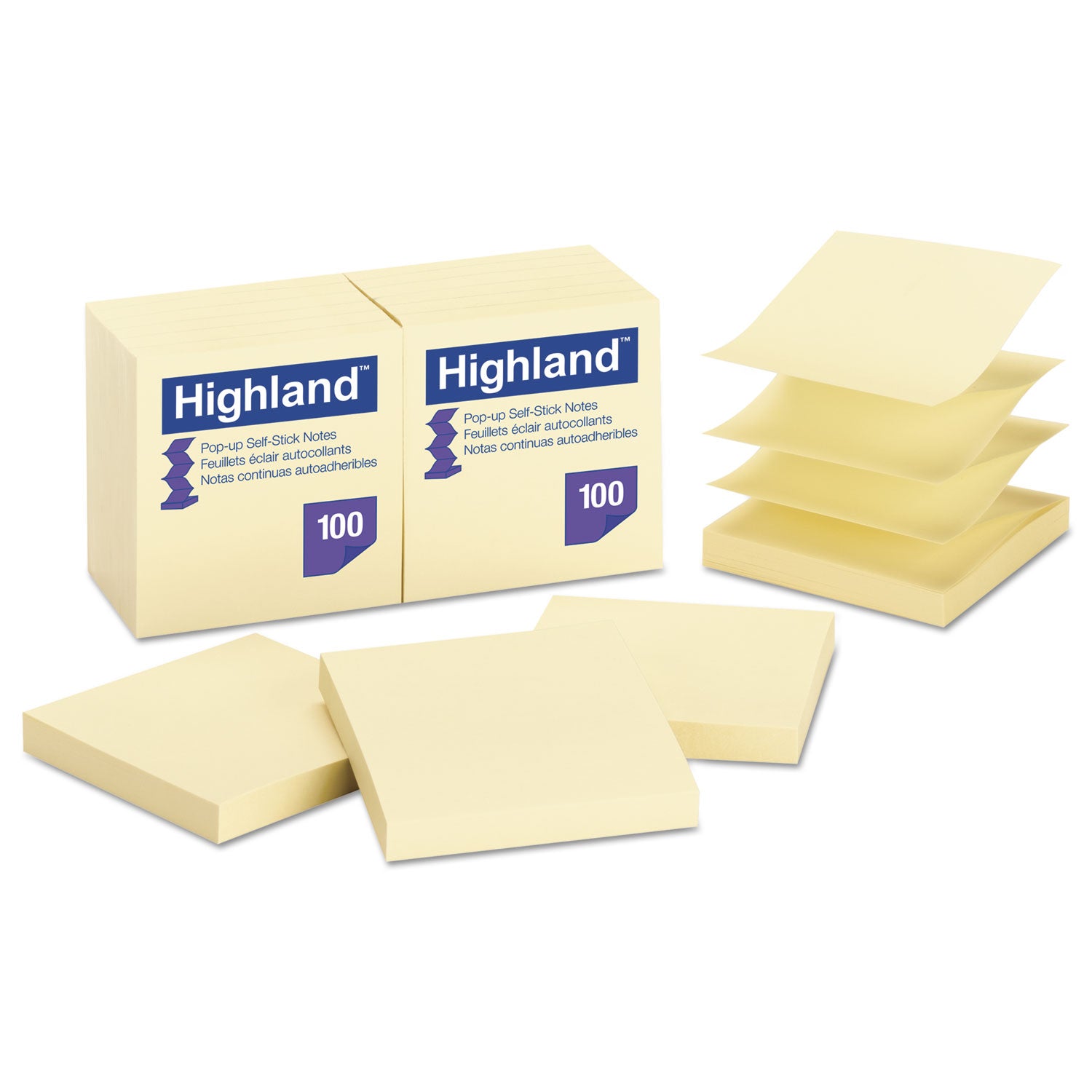 Self-Stick Pop-up Notes, 3" x 3", Yellow, 100 Sheets/Pad, 12 Pads/Pack - 
