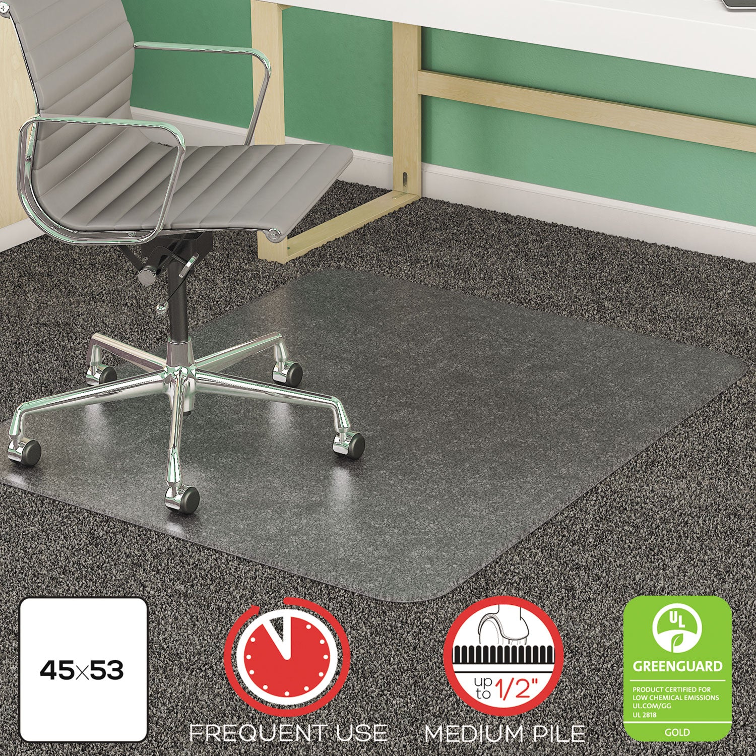 SuperMat Frequent Use Chair Mat, Med Pile Carpet, 45 x 53, Beveled Rectangle, Clear - 