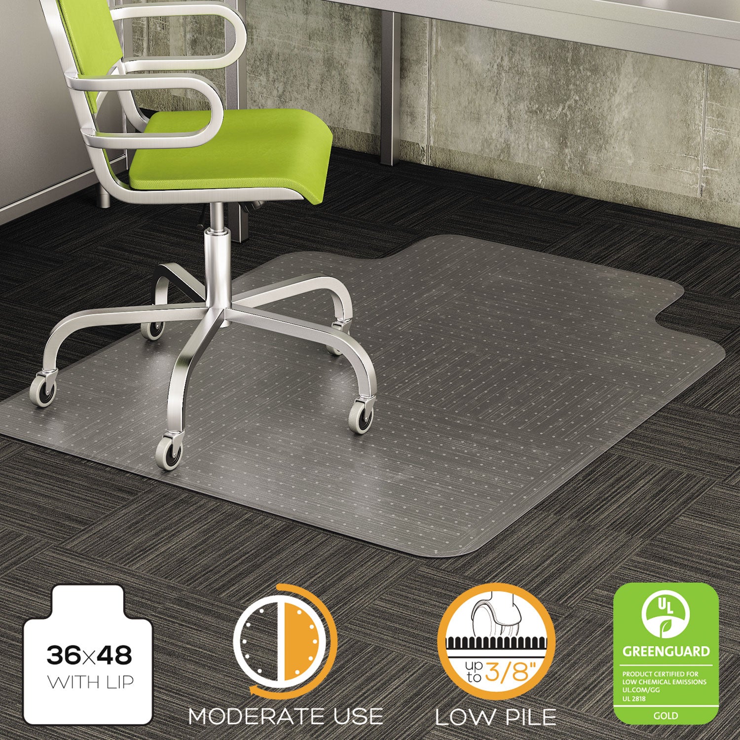 DuraMat Moderate Use Chair Mat, Low Pile Carpet, Flat, 36 x 48, Lipped, Clear - 