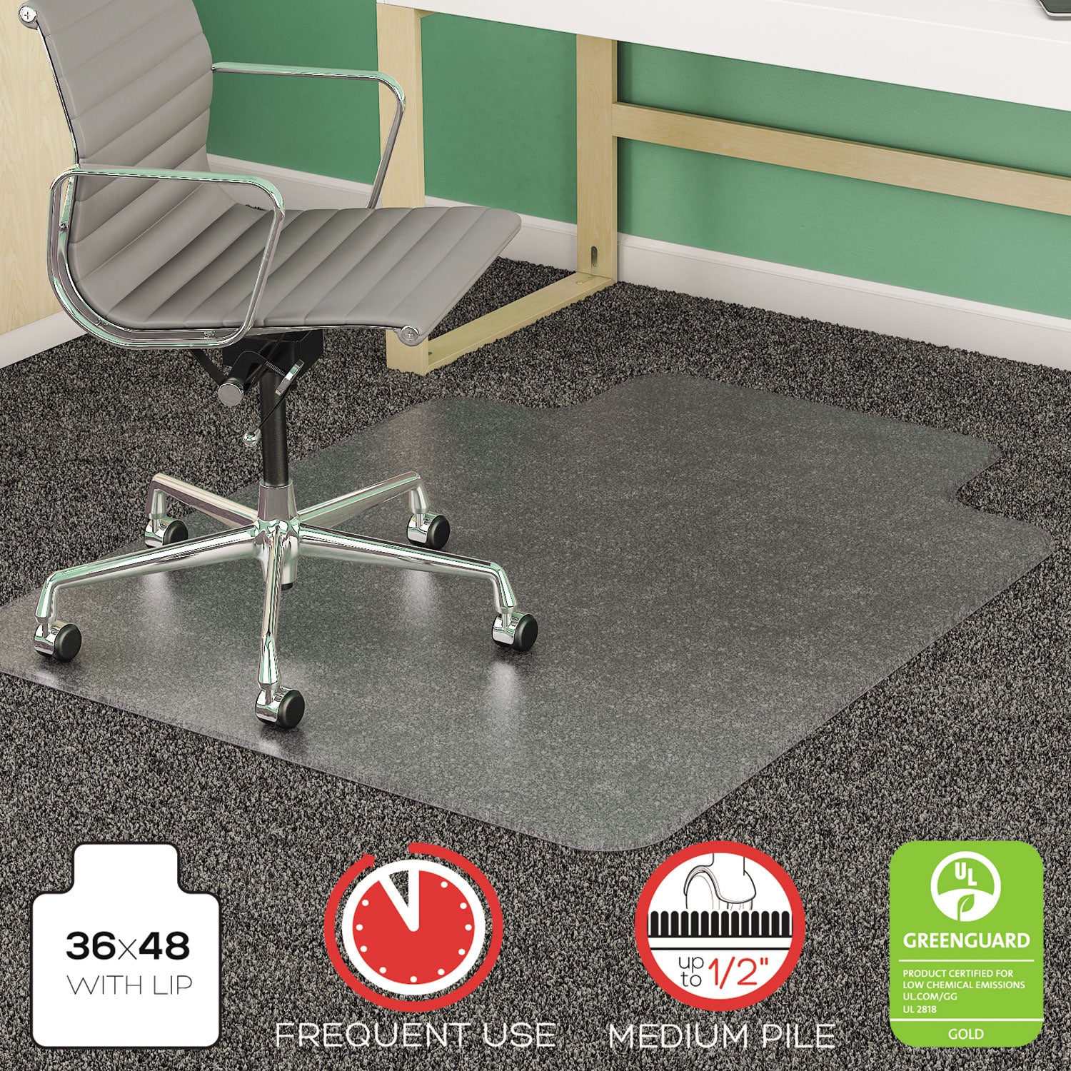 SuperMat Frequent Use Chair Mat, Med Pile Carpet, Flat, 36 x 48, Lipped, Clear - 
