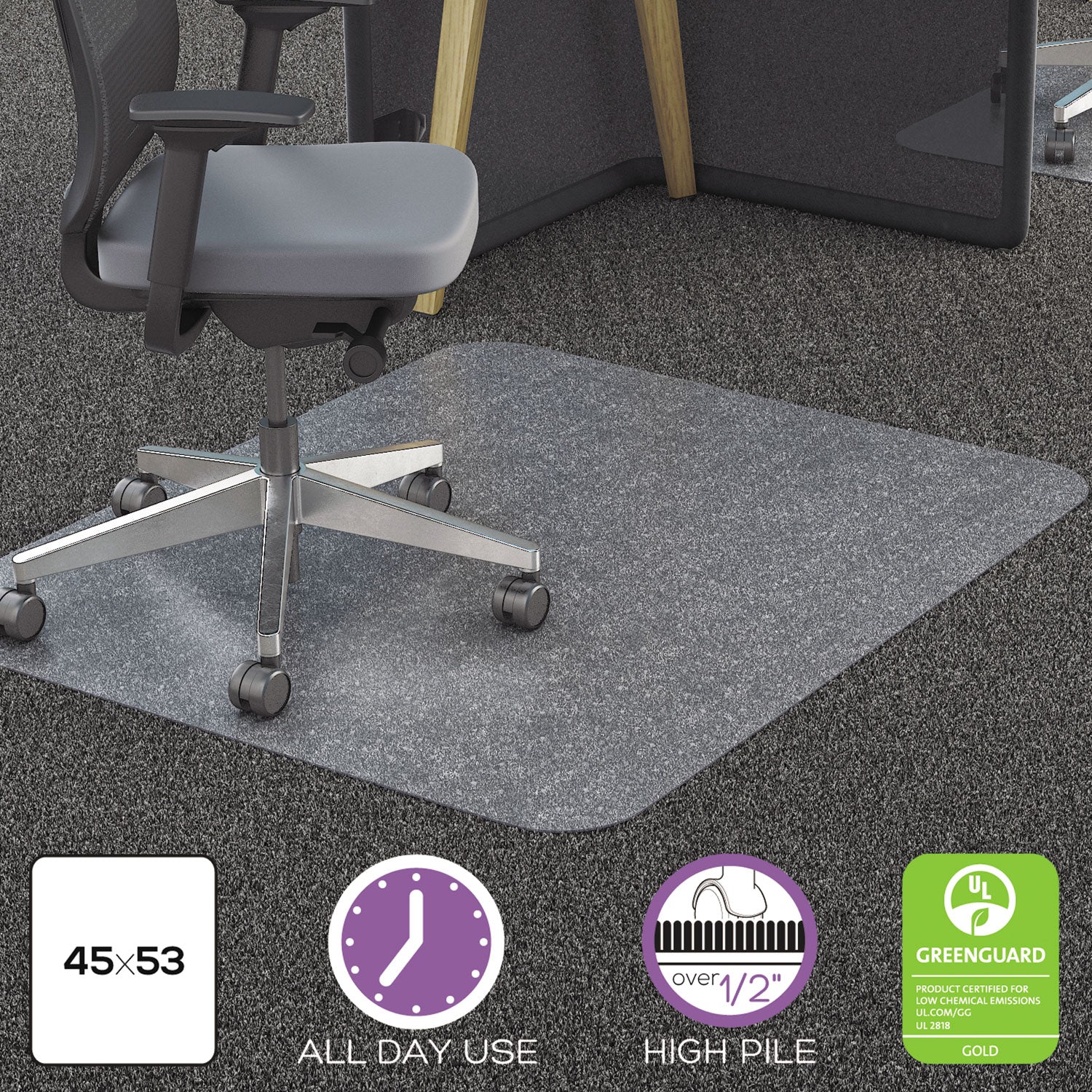 All Day Use Chair Mat - All Carpet Types, 45 x 53, Rectangle, Clear - 