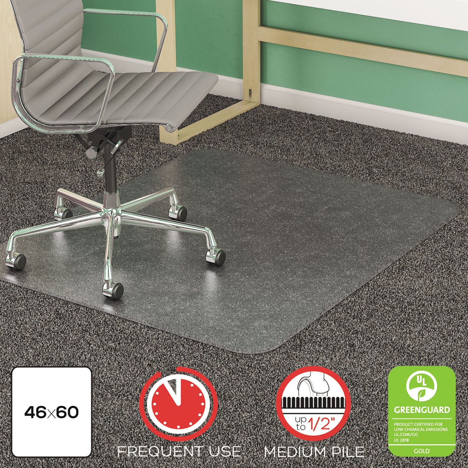 SuperMat Frequent Use Chair Mat, Medium Pile Carpet, Flat, 46 x 60, Rectangle, Clear - 8