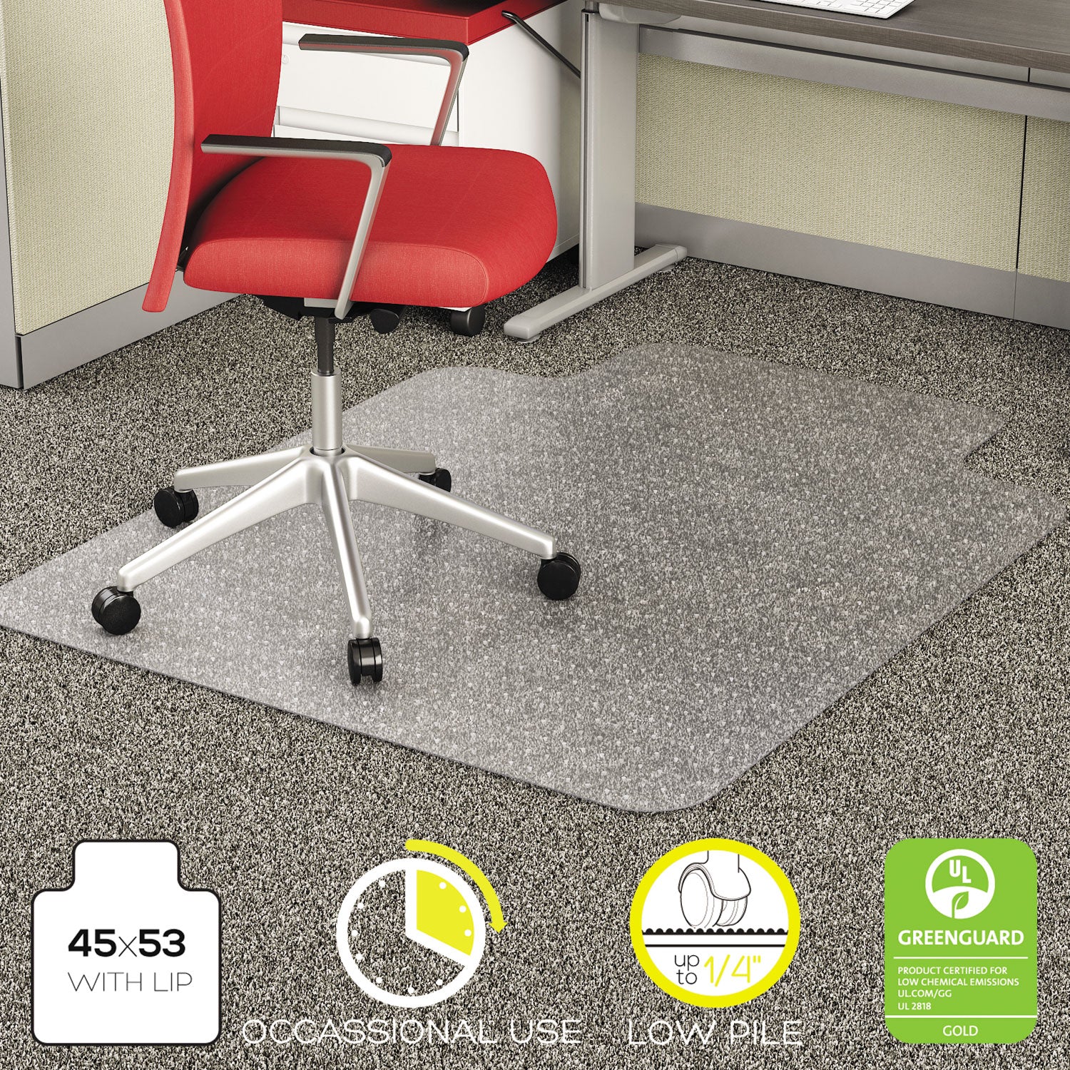 EconoMat Occasional Use Chair Mat for Low Pile Carpet, 45 x 53, Wide Lipped, Clear - 