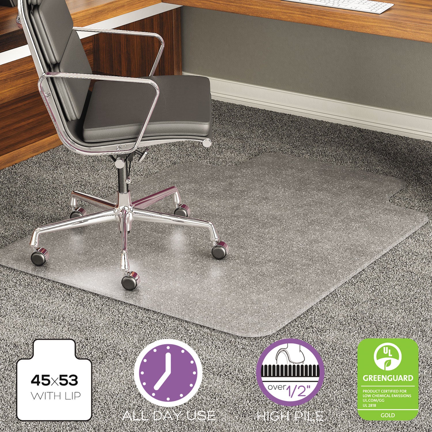 ExecuMat All Day Use Chair Mat for High Pile Carpet, 45 x 53, Wide Lipped, Clear - 