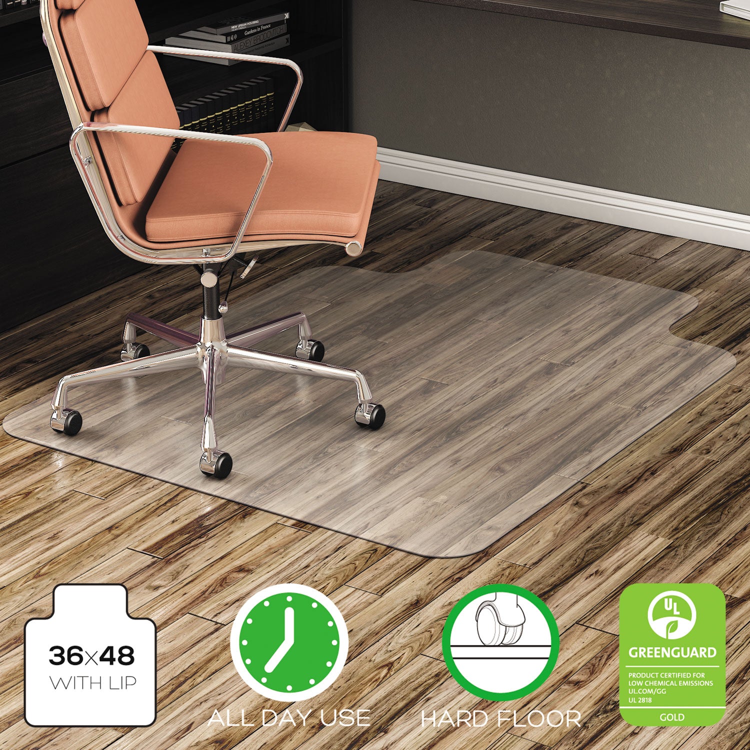 EconoMat All Day Use Chair Mat for Hard Floors, Flat Packed, 36 x 48, Lipped, Clear - 