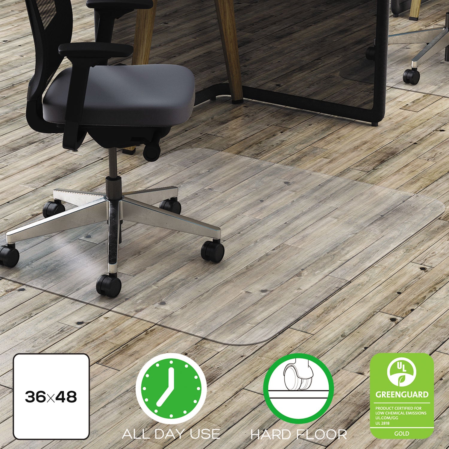 All Day Use Chair Mat - Hard Floors, 36 x 48, Rectangular, Clear - 