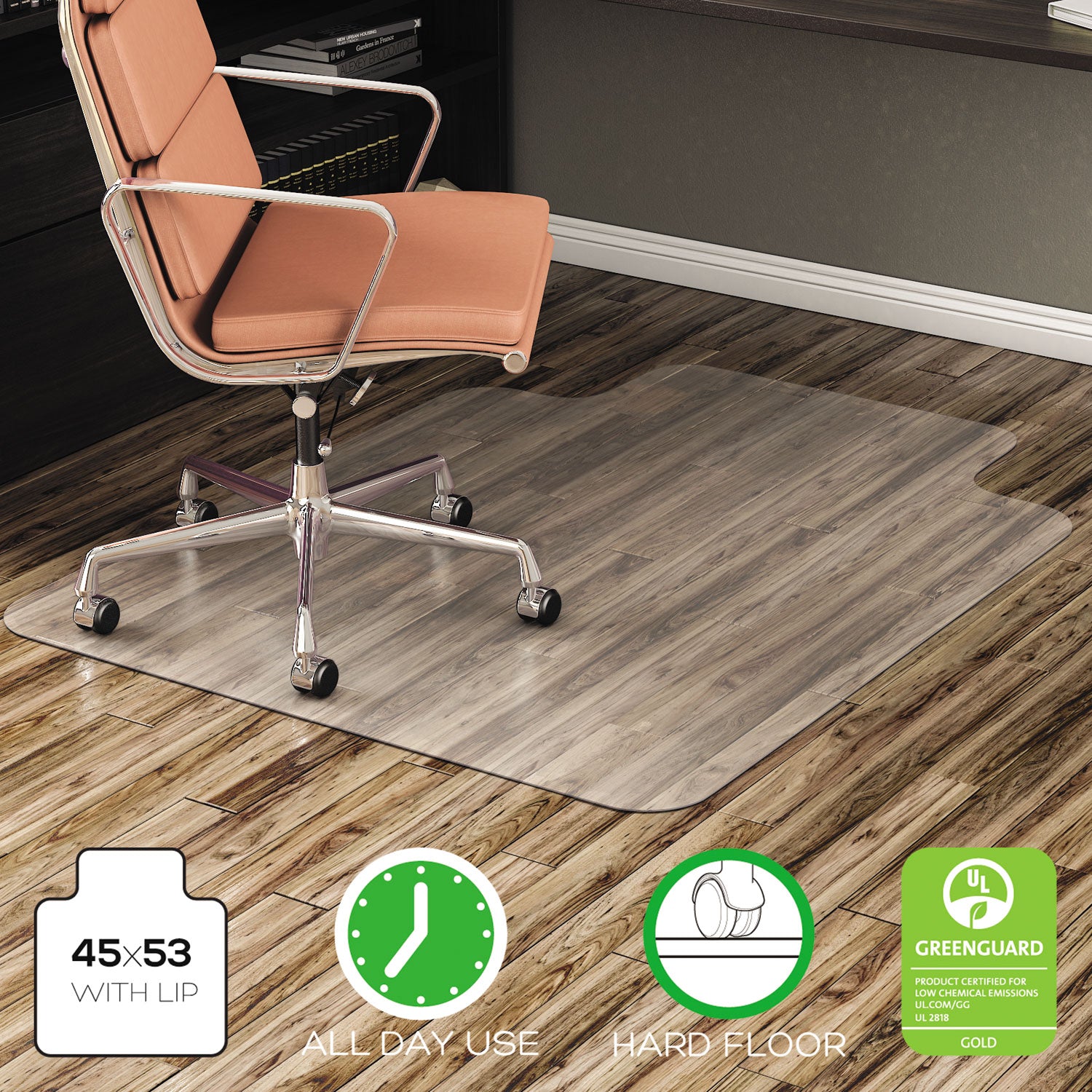 EconoMat All Day Use Chair Mat for Hard Floors, Flat Packed, 45 x 53, Wide Lipped, Clear - 