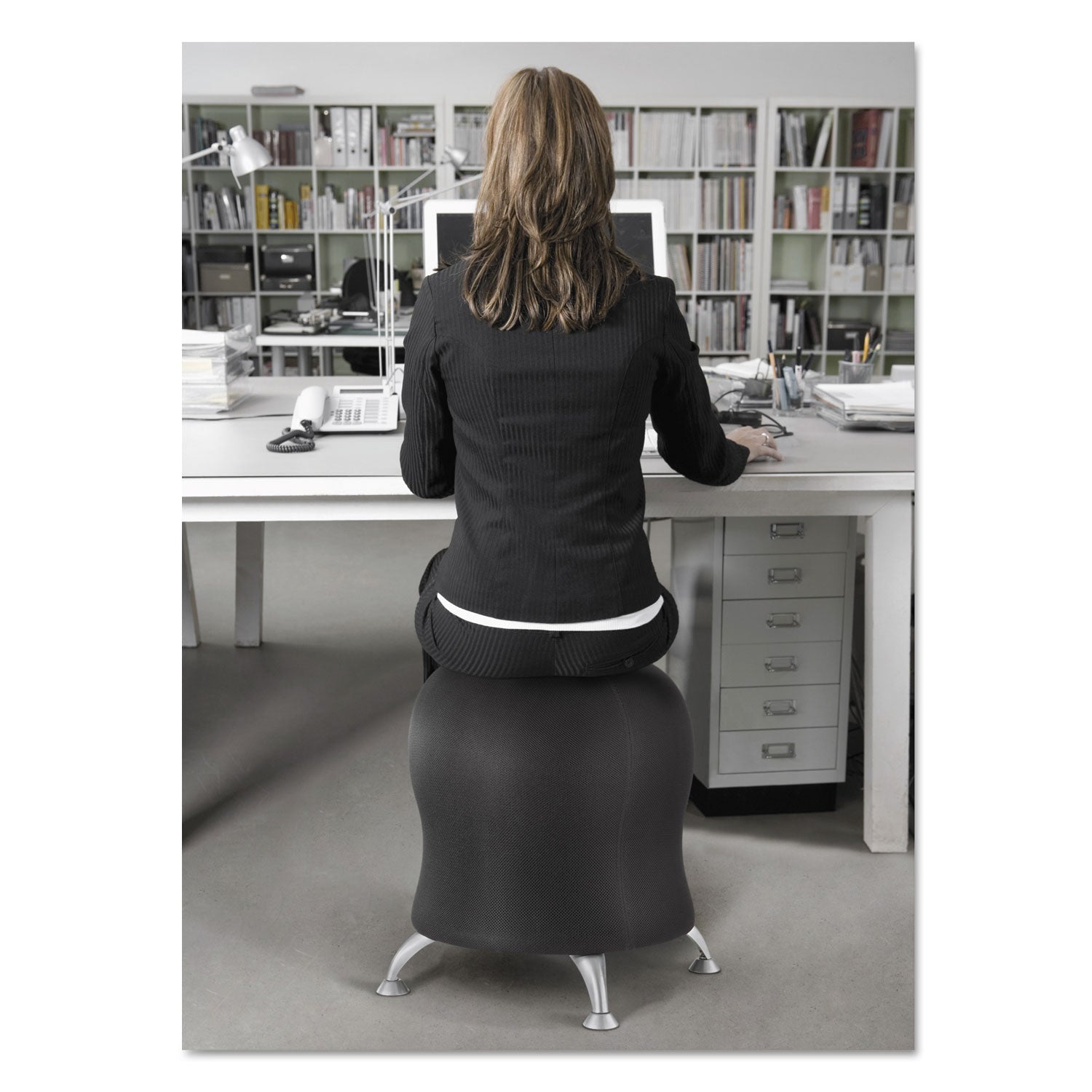 Zenergy Ball Chair, Backless, Supports Up to 250 lb, Black Fabric Seat, Silver Base - 