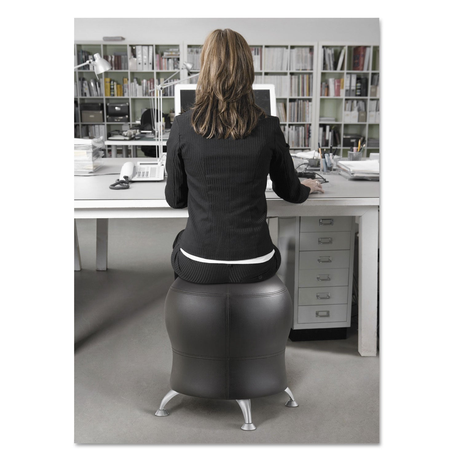 Zenergy Ball Chair, Backless, Supports Up to 250 lb, Black Vinyl Seat, Silver Base - 