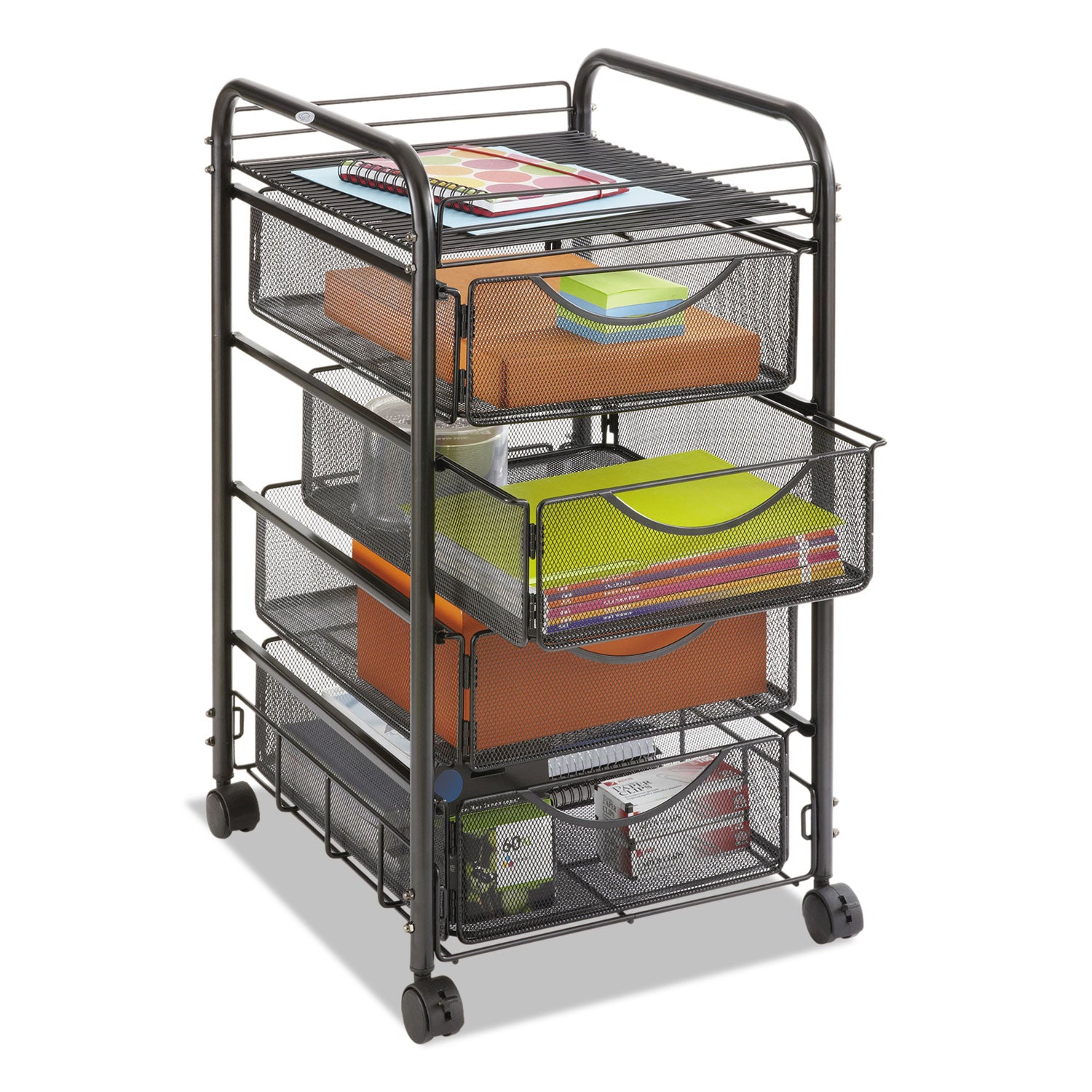 Safco Onyx Double Mesh Mobile File Cart - 2 Shelf - 4 Drawer - 4 Casters - 1.50" Caster Size - x 15.8" Width x 17" Depth x 27" Height - Black Steel Frame - Black - 1 Each