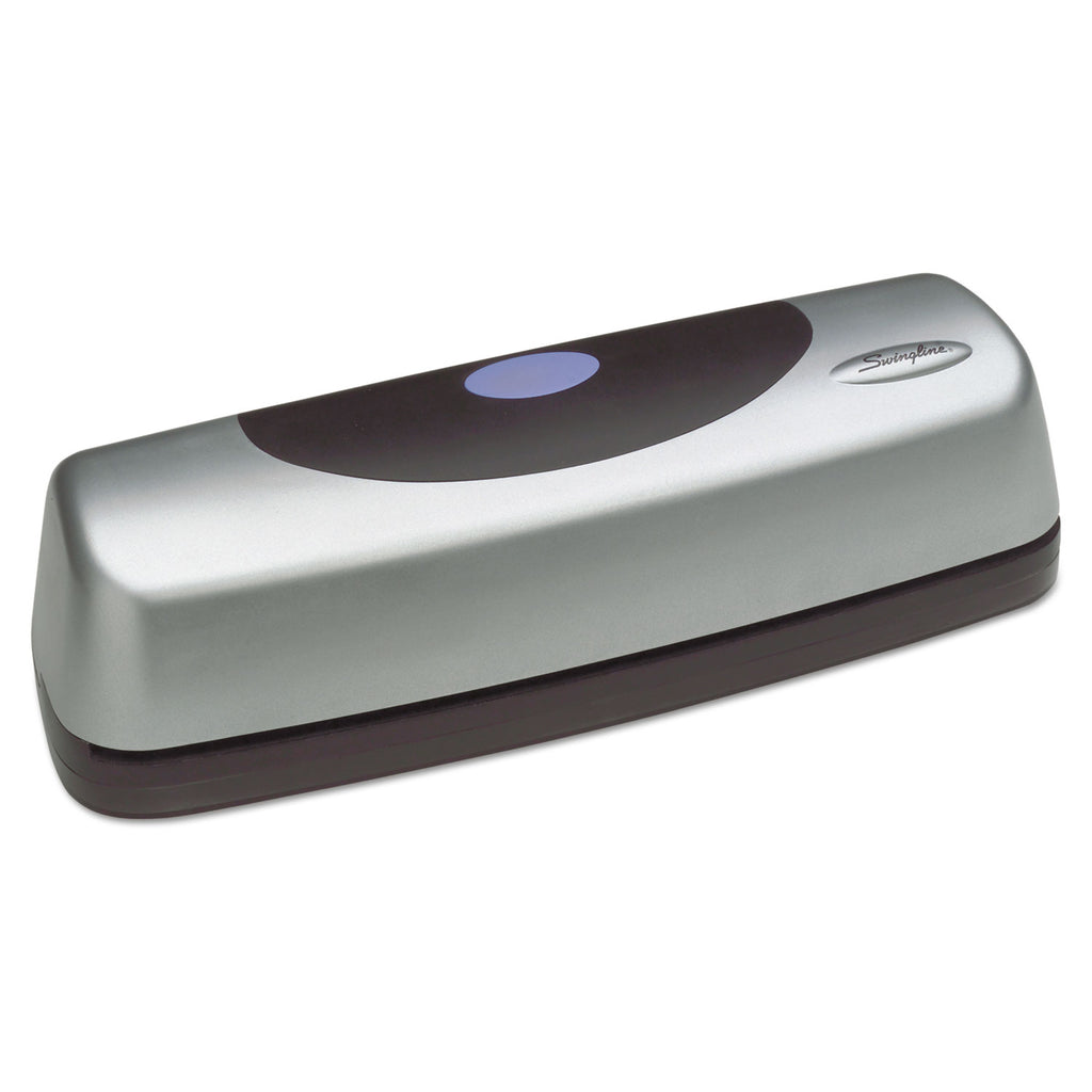15-Sheet Electric/Battery Portable Desktop Punch, Three-Holes, 9/32" Holes, Silver/Black