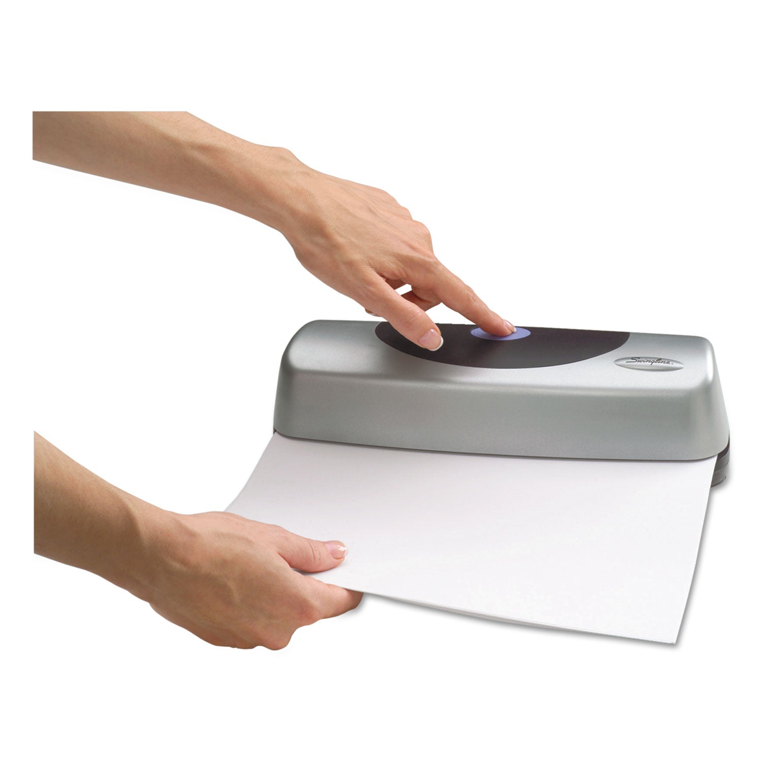 15-Sheet Electric/Battery Portable Desktop Punch, Three-Holes, 9/32" Holes, Silver/Black