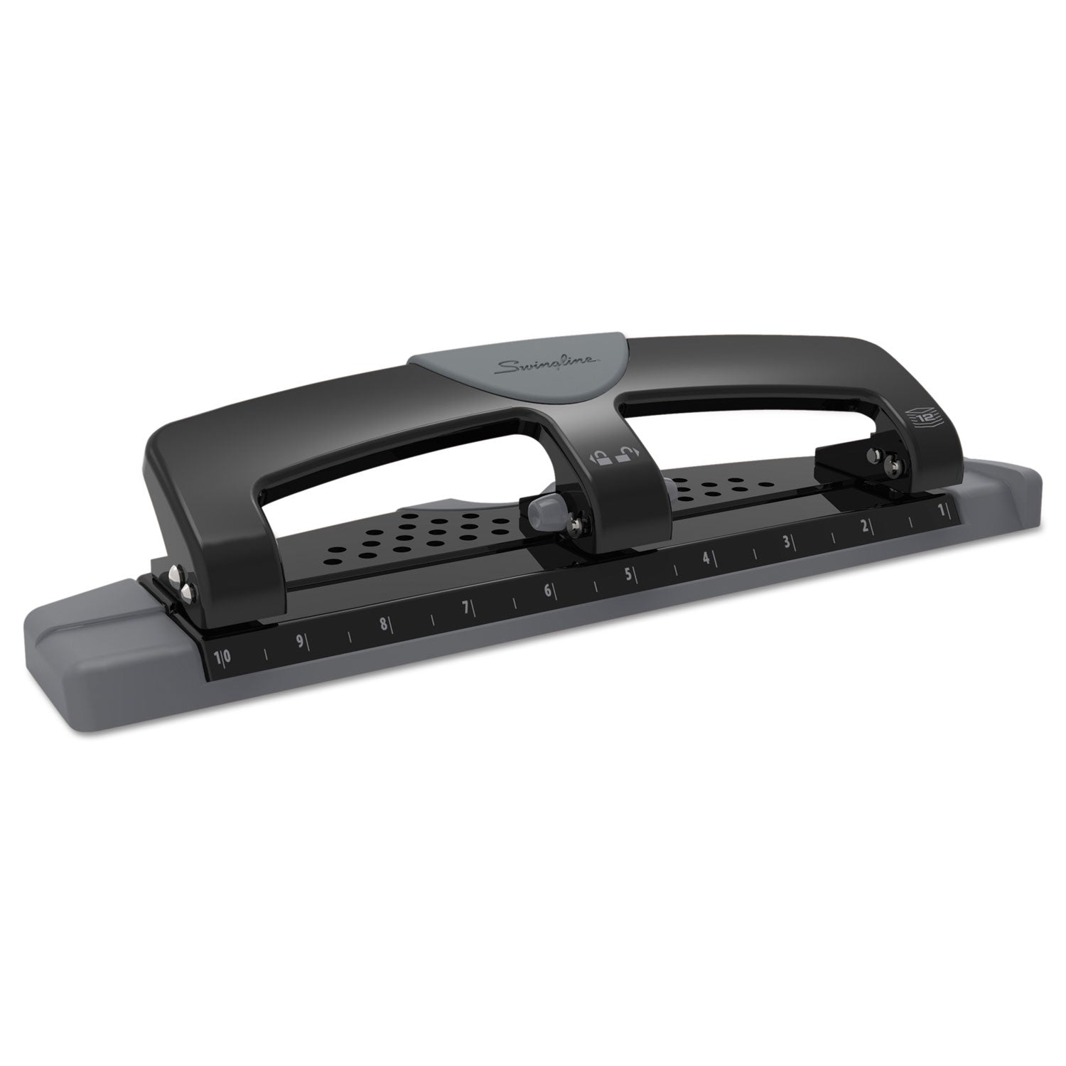 12-Sheet SmartTouch Three-Hole Punch, 9/32" Holes, Black/Gray - 