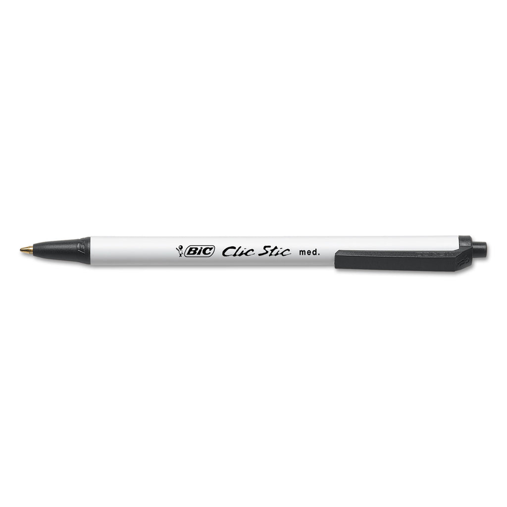 Clic Stic Ballpoint Pen, Retractable, Medium 1 mm, Black Ink, White Barrel, Dozen