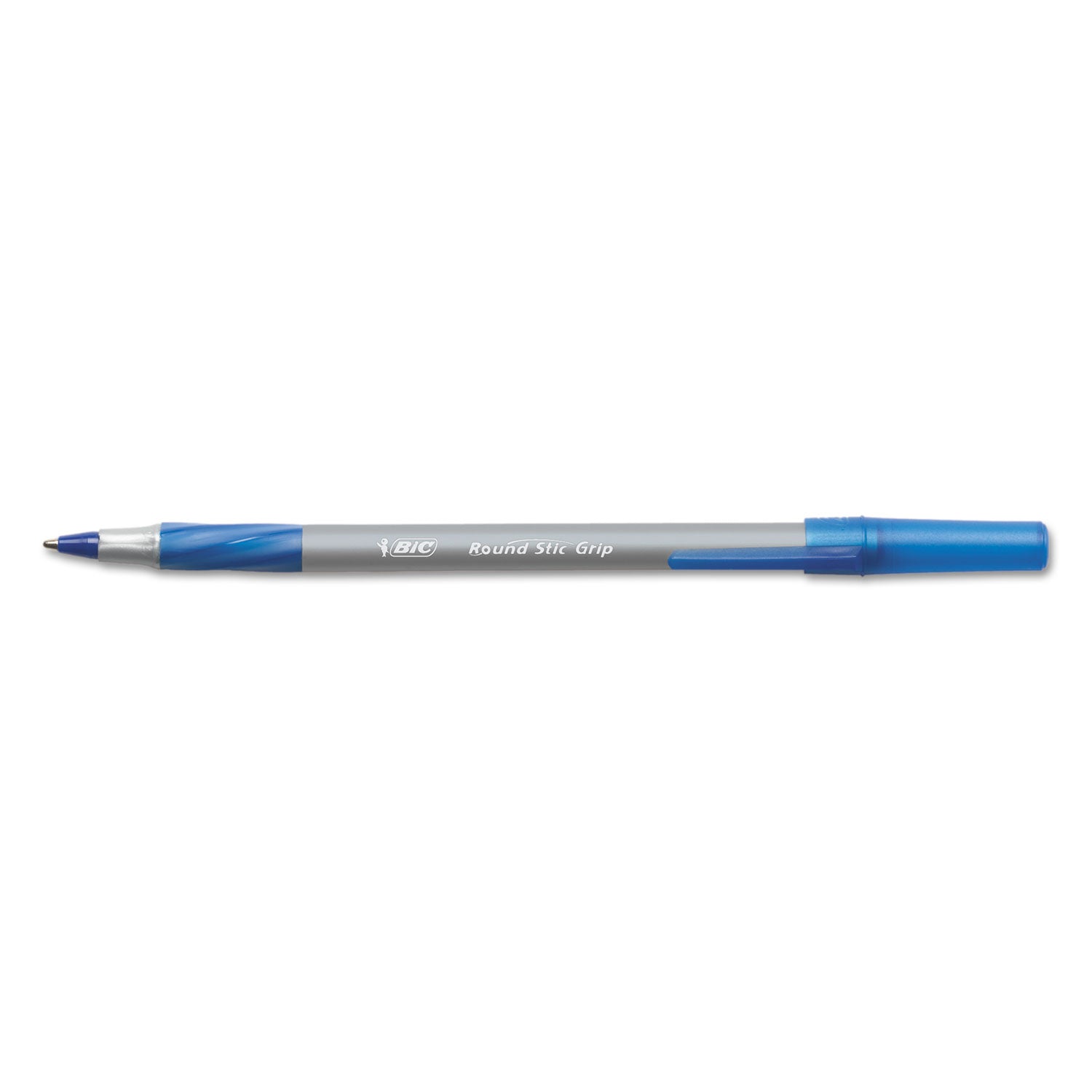 Round Stic Grip Xtra Comfort Ballpoint Pen, Stick, Fine 0.8 mm, Blue Ink, Gray/Blue Barrel, Dozen - 