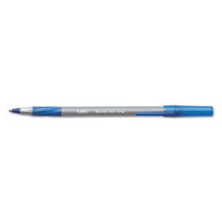 Round Stic Grip Xtra Comfort Ballpoint Pen, Stick, Fine 0.8 mm, Blue Ink, Gray/Blue Barrel, Dozen