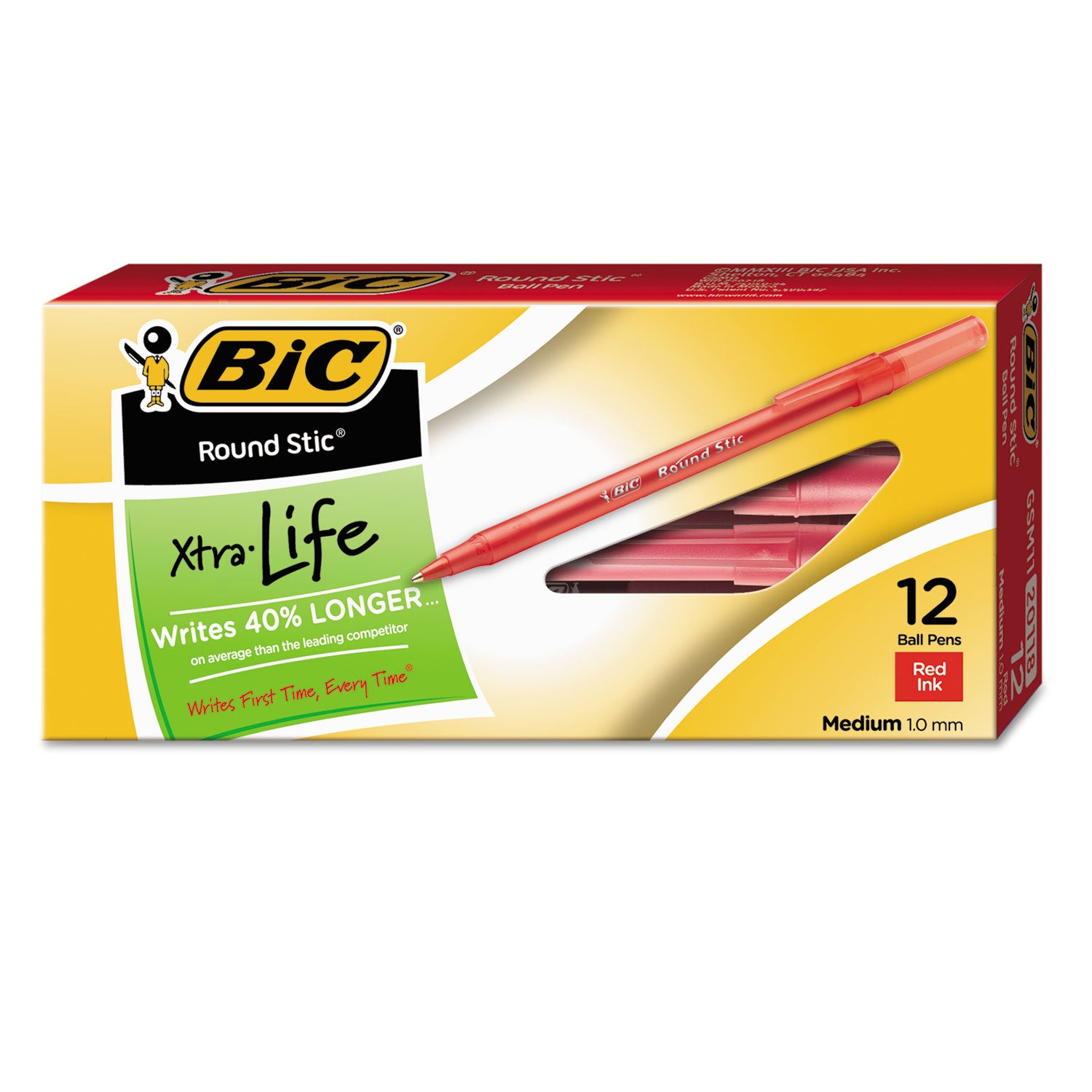 Round Stic Xtra Life Ballpoint Pen, Stick, Medium 1 mm, Red Ink, Translucent Red Barrel, Dozen - 