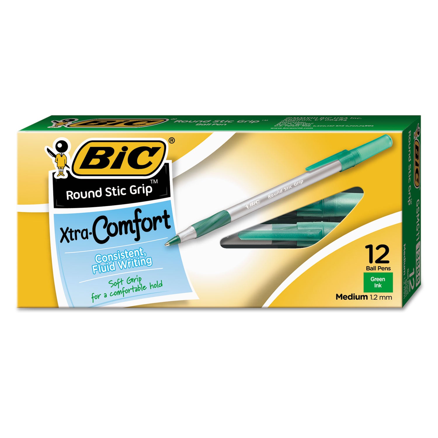 Round Stic Grip Xtra Comfort Ballpoint Pen, Easy-Glide, Stick, Medium 1.2 mm, Green Ink, Gray/Green Barrel, Dozen - 