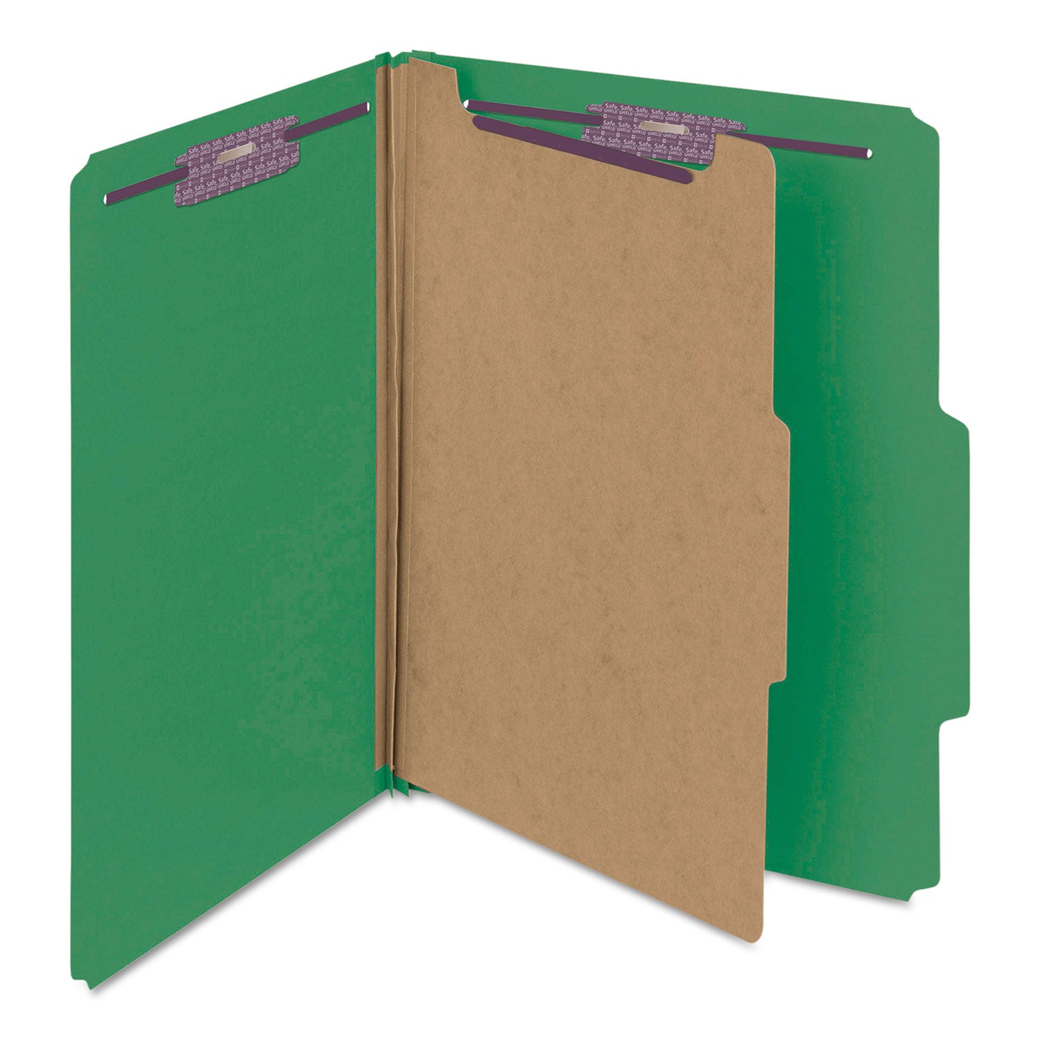 Four-Section Pressboard Top Tab Classification Folders, Four SafeSHIELD Fasteners, 1 Divider, Letter Size, Green, 10/Box - 