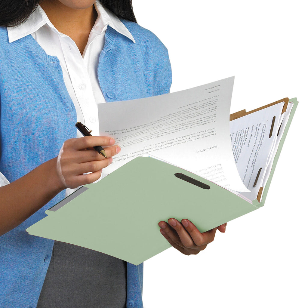 Recycled Pressboard Classification Folders, 3" Expansion, 3 Dividers, 8 Fasteners, Legal Size, Gray-Green, 10/Box