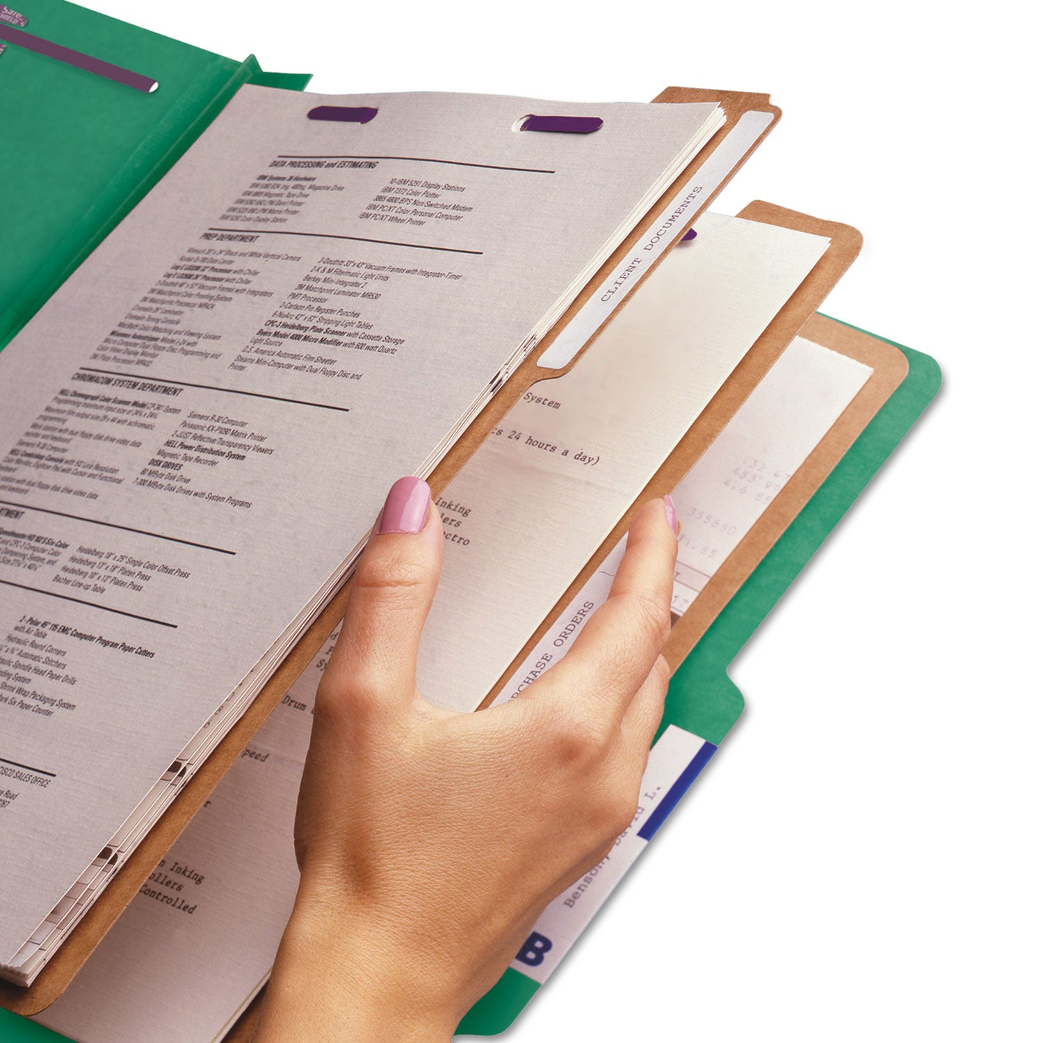 Eight-Section Pressboard Top Tab Classification Folders, Eight SafeSHIELD Fasteners, 3 Dividers, Legal Size, Green, 10/Box - 