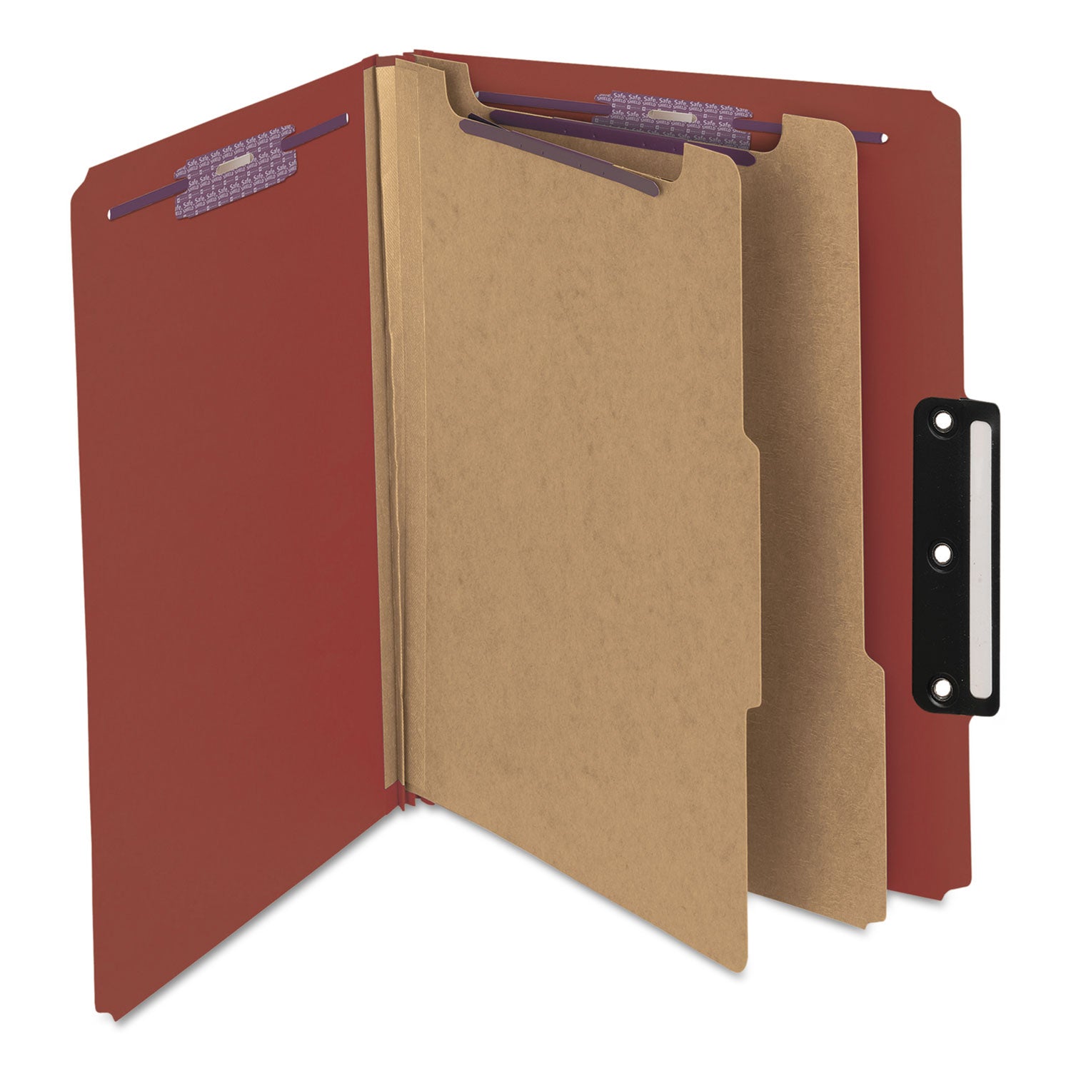Pressboard Classification Folders, Six SafeSHIELD Fasteners, 1/3-Cut Tabs, 2 Dividers, Letter Size, Red, 10/Box - 